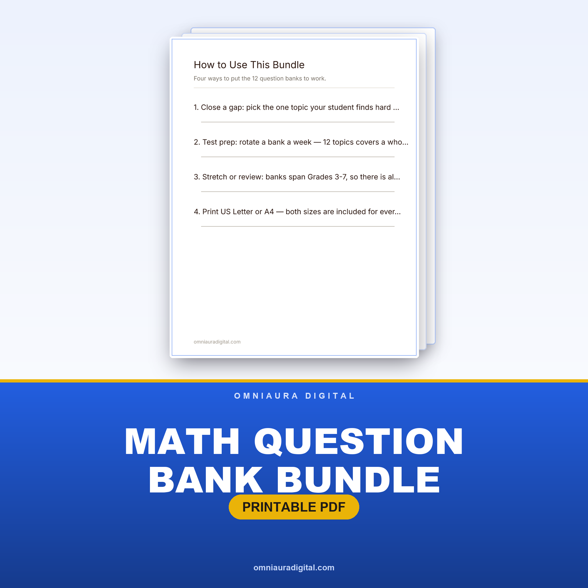 Math Question Bank Bundle — 12 Topics, 720 Questions (Grades 3-7)