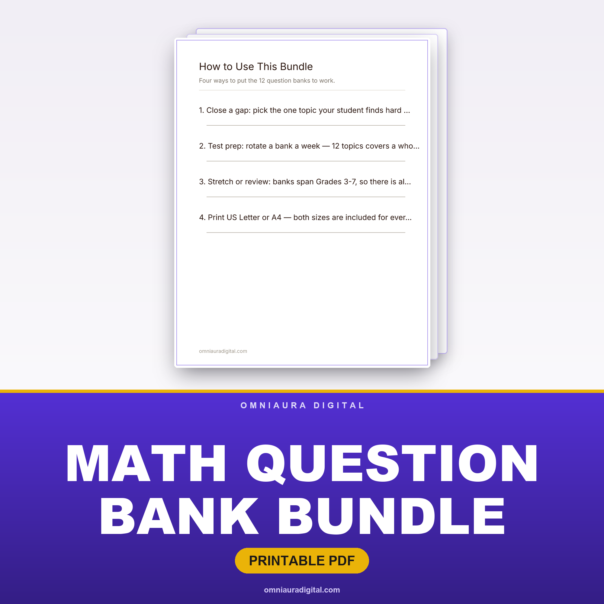 Math Question Bank Bundle — 12 Topics, 720 Questions (Grades 3-7)
