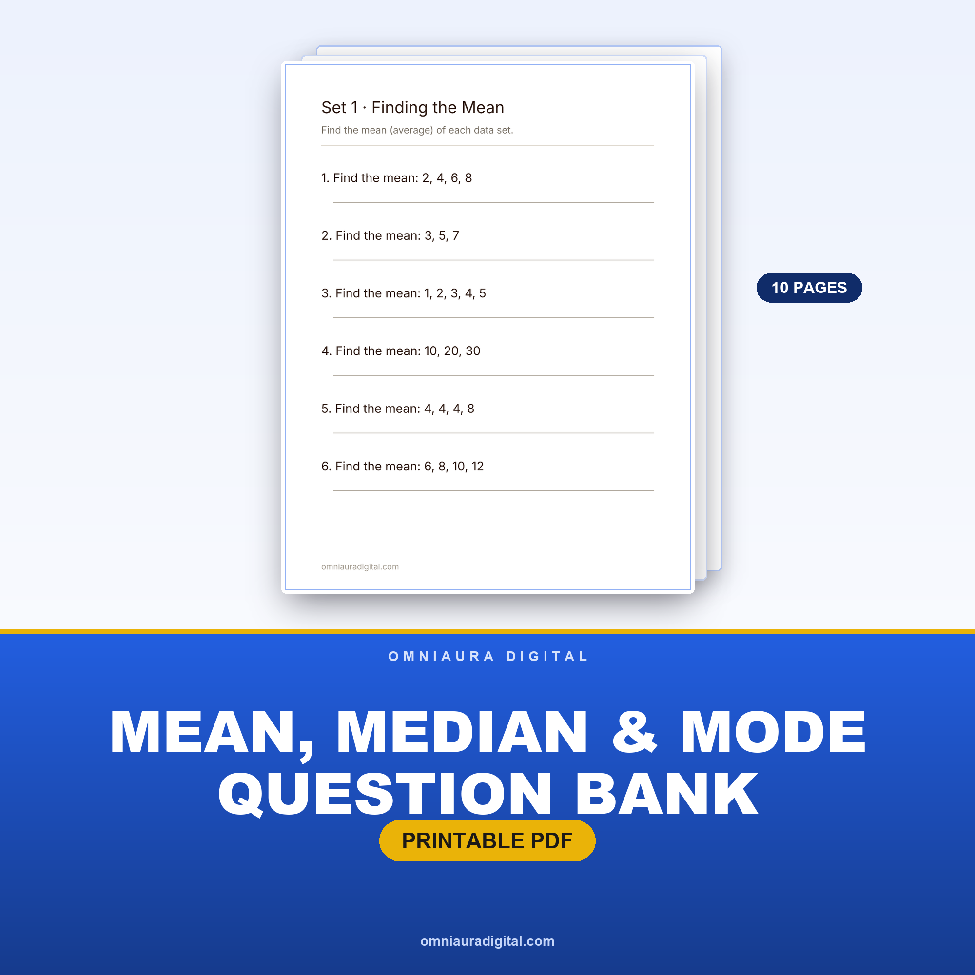 Mean, Median & Mode Question Bank — 60 Practice Questions (Grades 4-6)