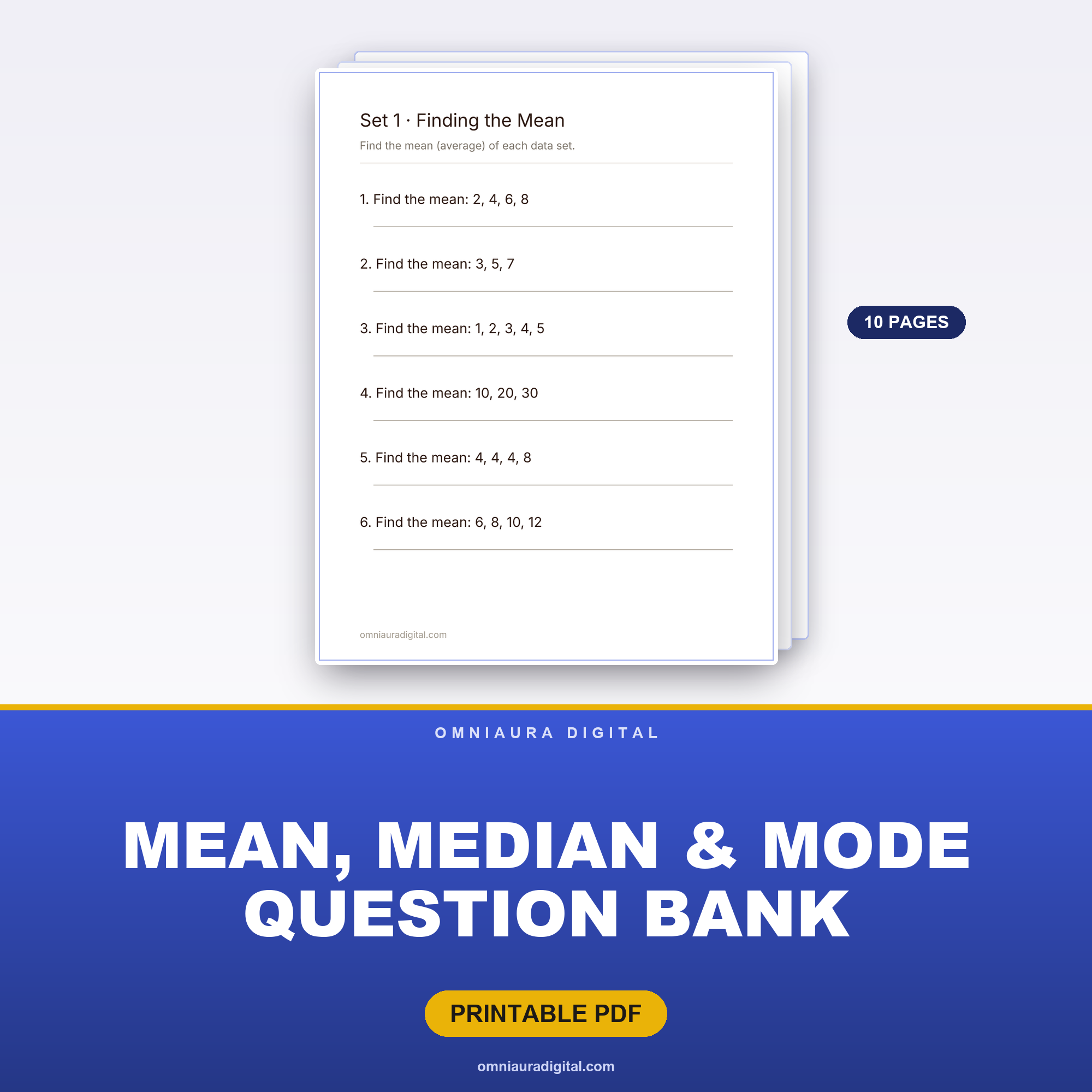 Mean, Median & Mode Question Bank — 60 Practice Questions (Grades 4-6)