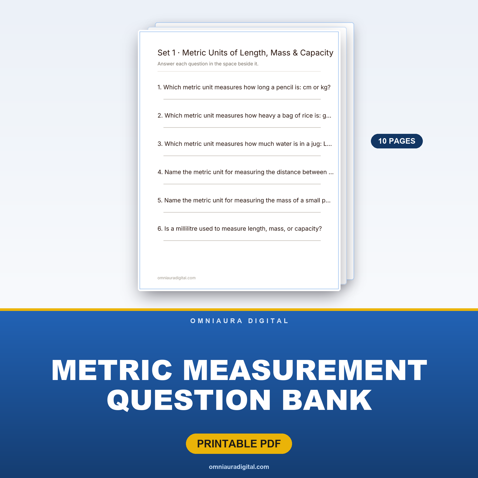 Metric Measurement Question Bank — 60 Practice Questions (Grades 3-6)