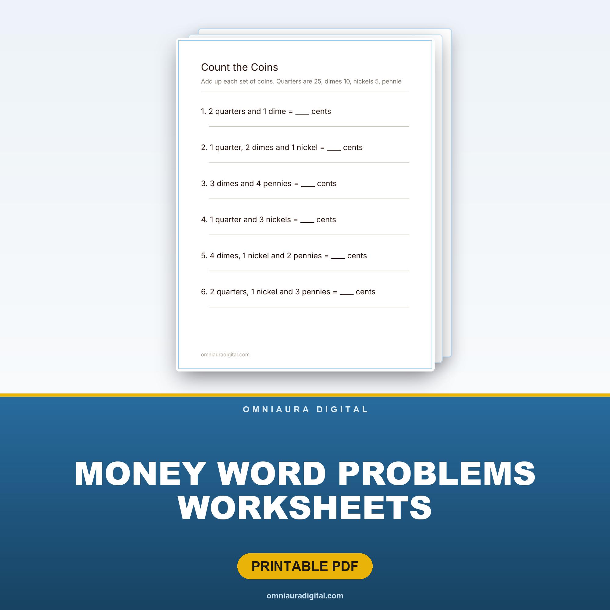 Money Word Problems Worksheets — Counting Coins & Making Change