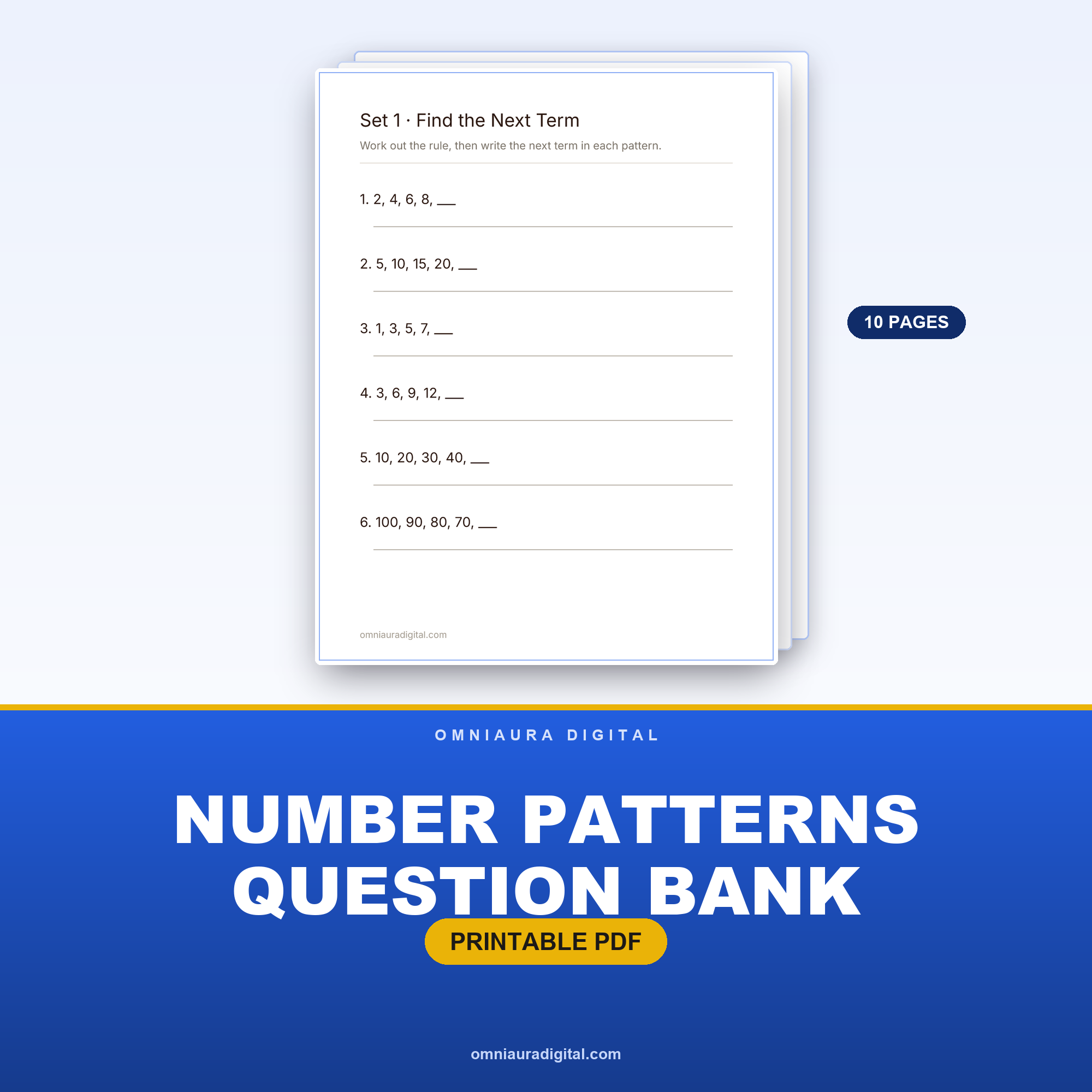 Number Patterns Question Bank — 60 Practice Questions (Grades 3-6)