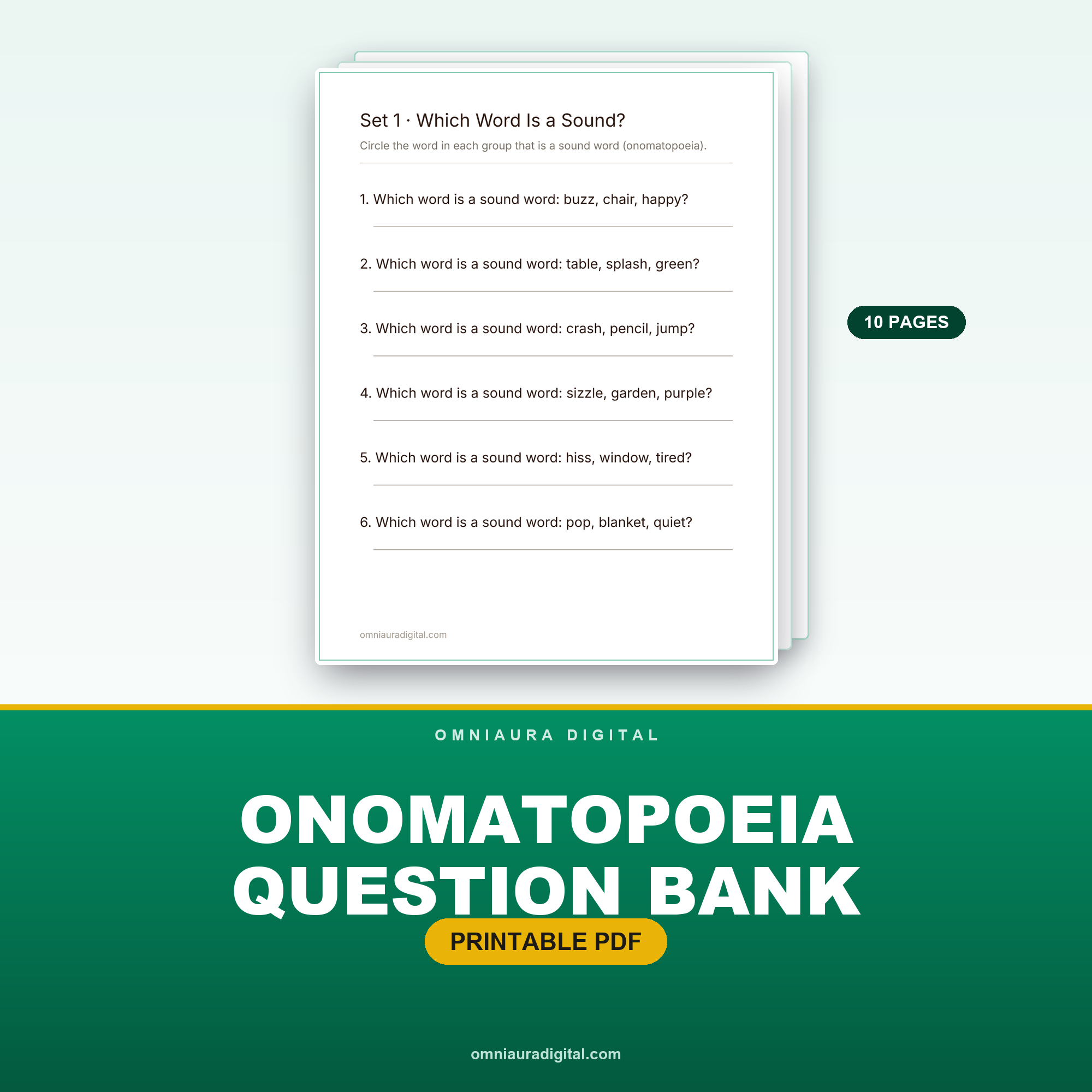Onomatopoeia Question Bank — 60 Questions (Grades 2-4)