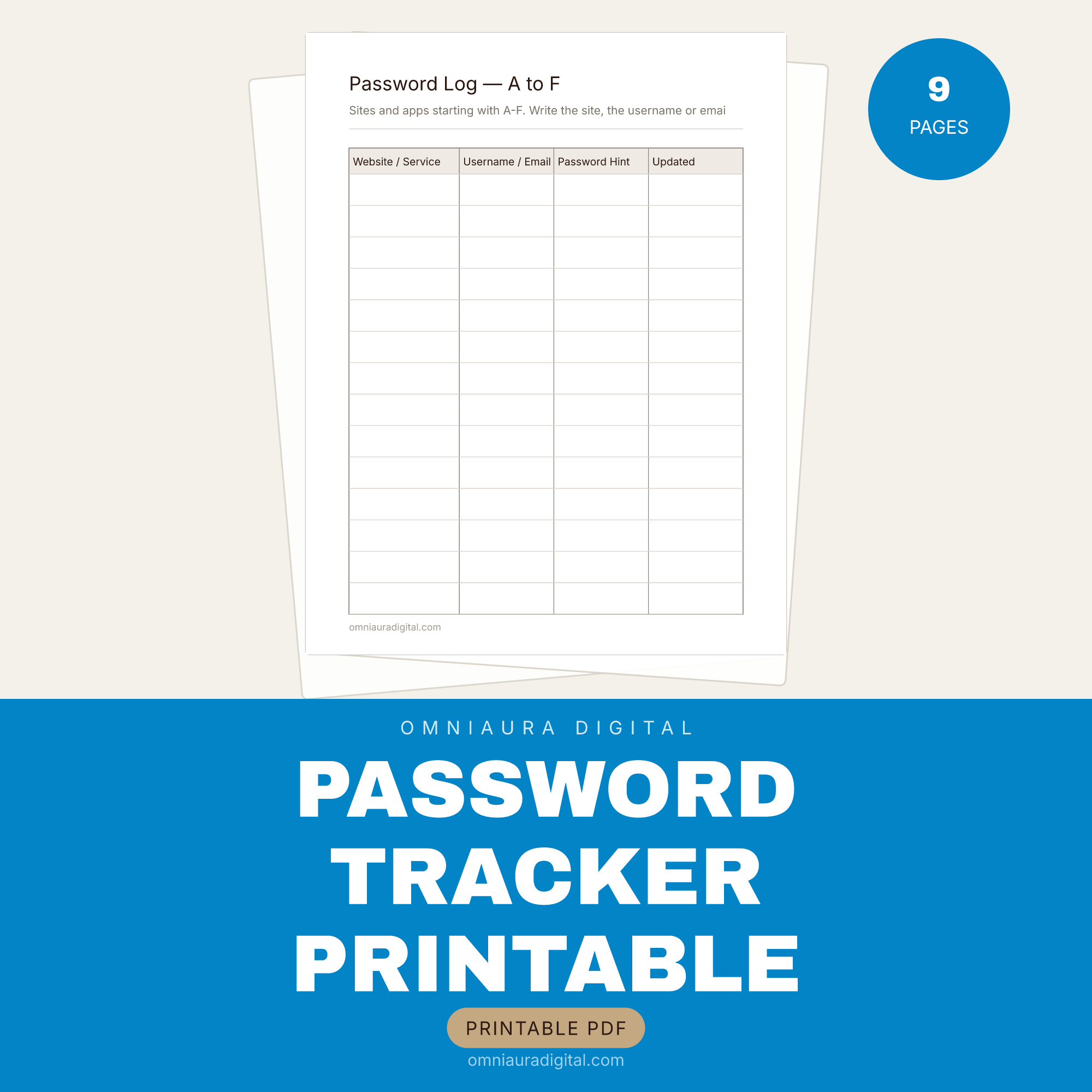 Password Tracker Printable — A-Z Log Book, WiFi, Devices & Subscriptions