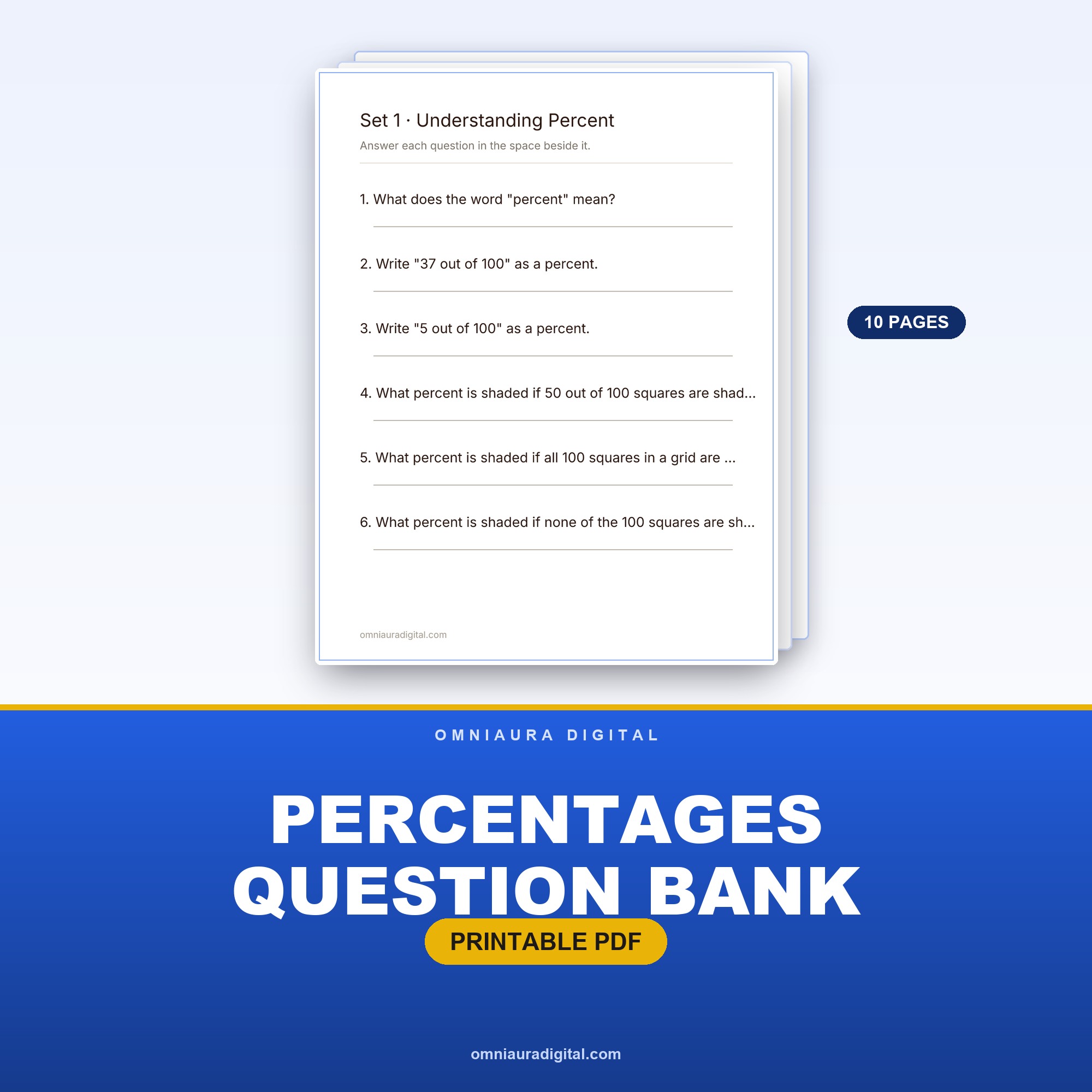 Percentages Question Bank — 60 Practice Questions (Grades 5-7)