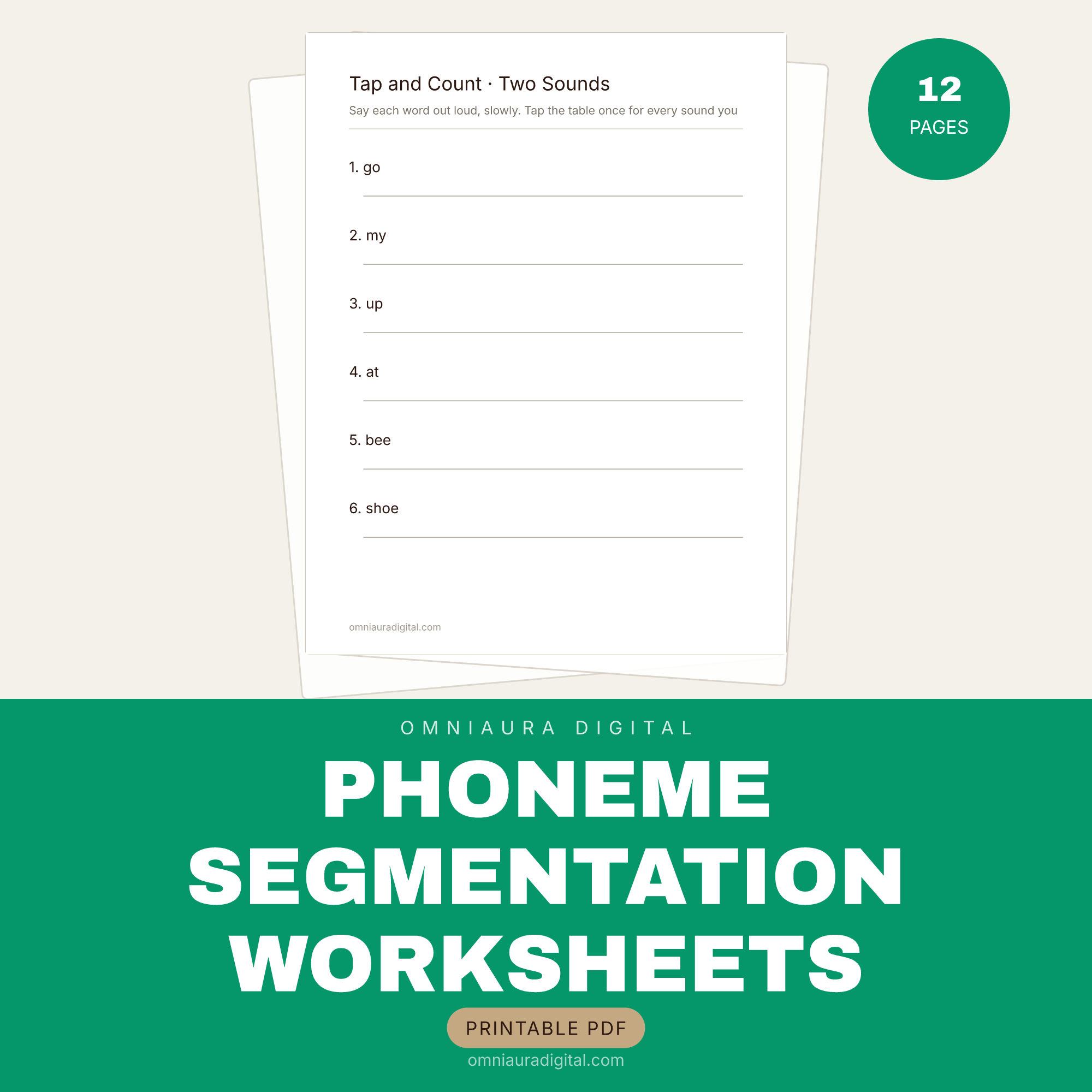 Phoneme Segmentation Worksheets — Tap, Count, Write (K-1)