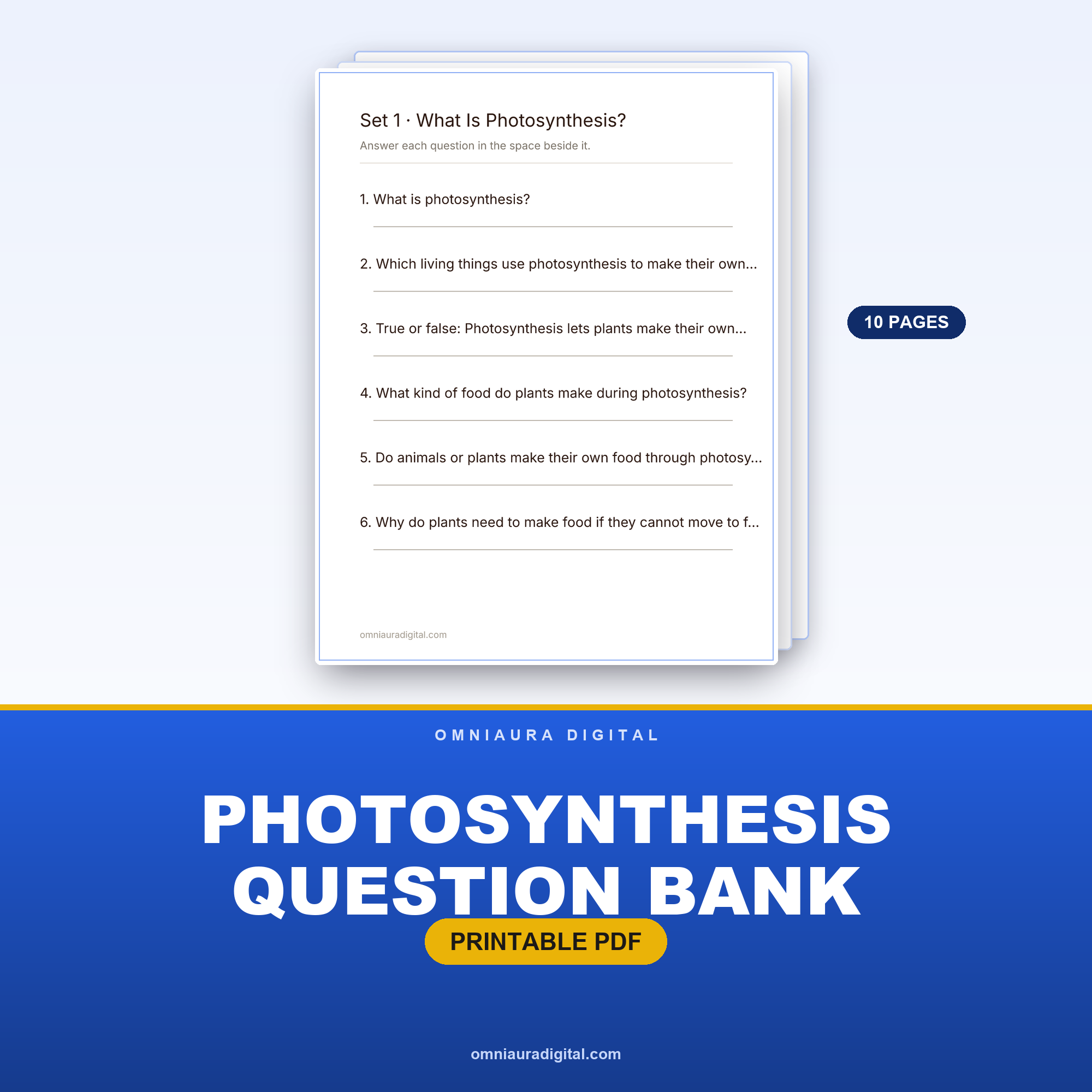 Photosynthesis Question Bank — 60 Practice Questions (Grades 4-7)
