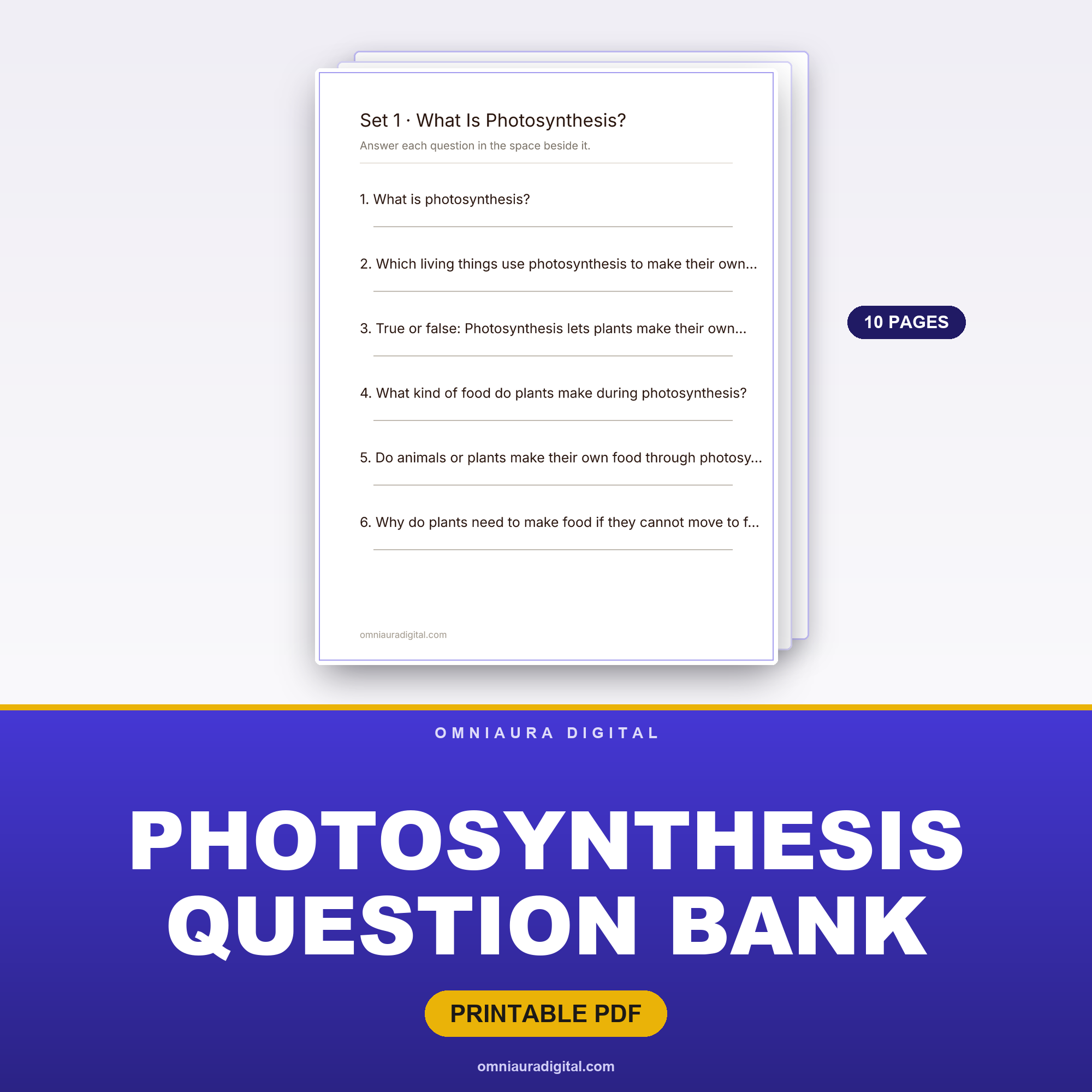 Photosynthesis Question Bank — 60 Practice Questions (Grades 4-7)
