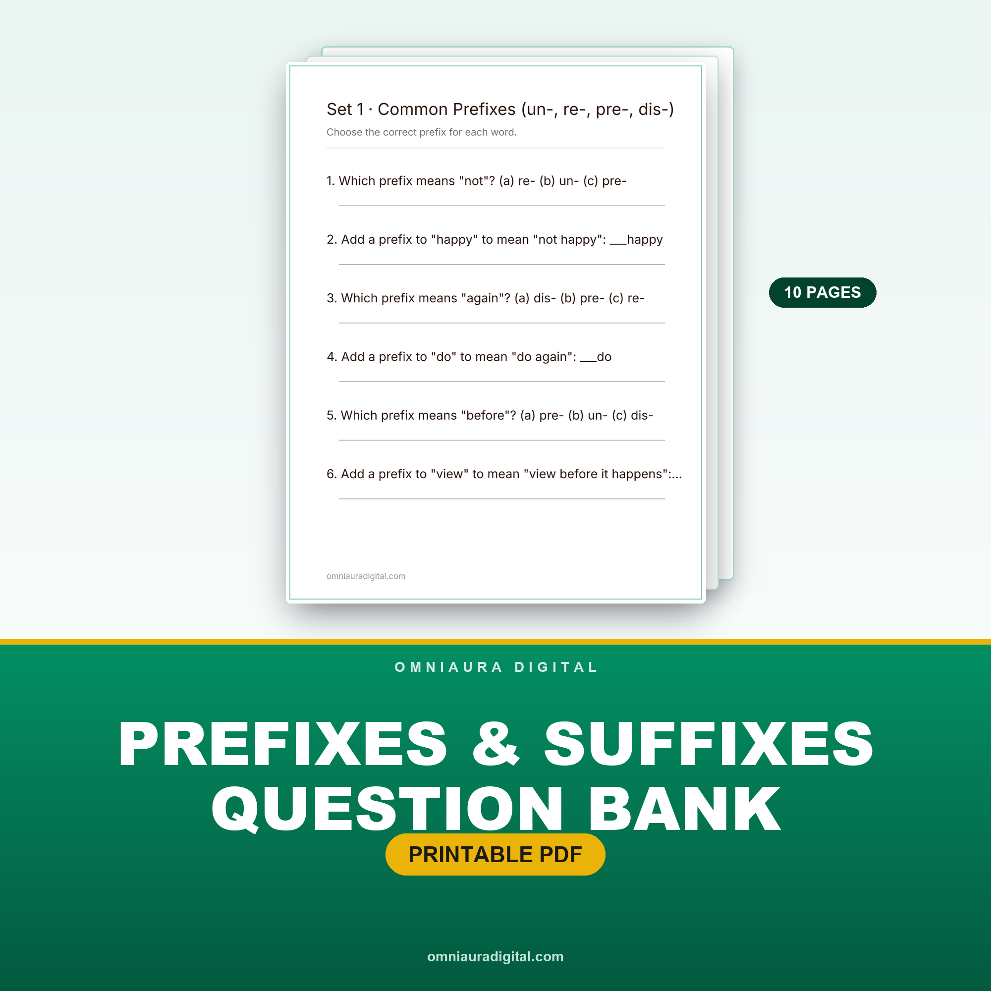 Prefixes & Suffixes Question Bank — 60 Questions (Grades 3-5)