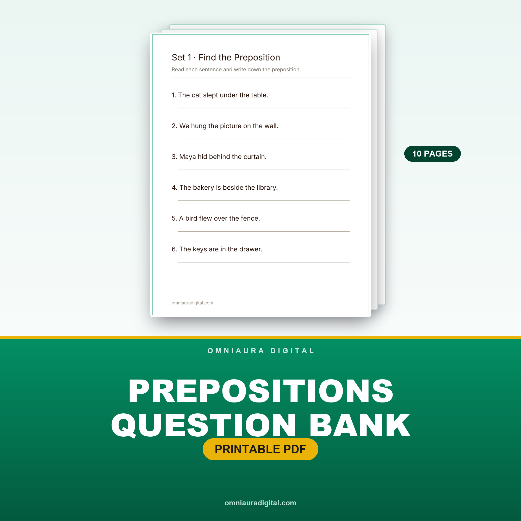 Prepositions Question Bank — 60 Practice Questions (Grades 2-5)
