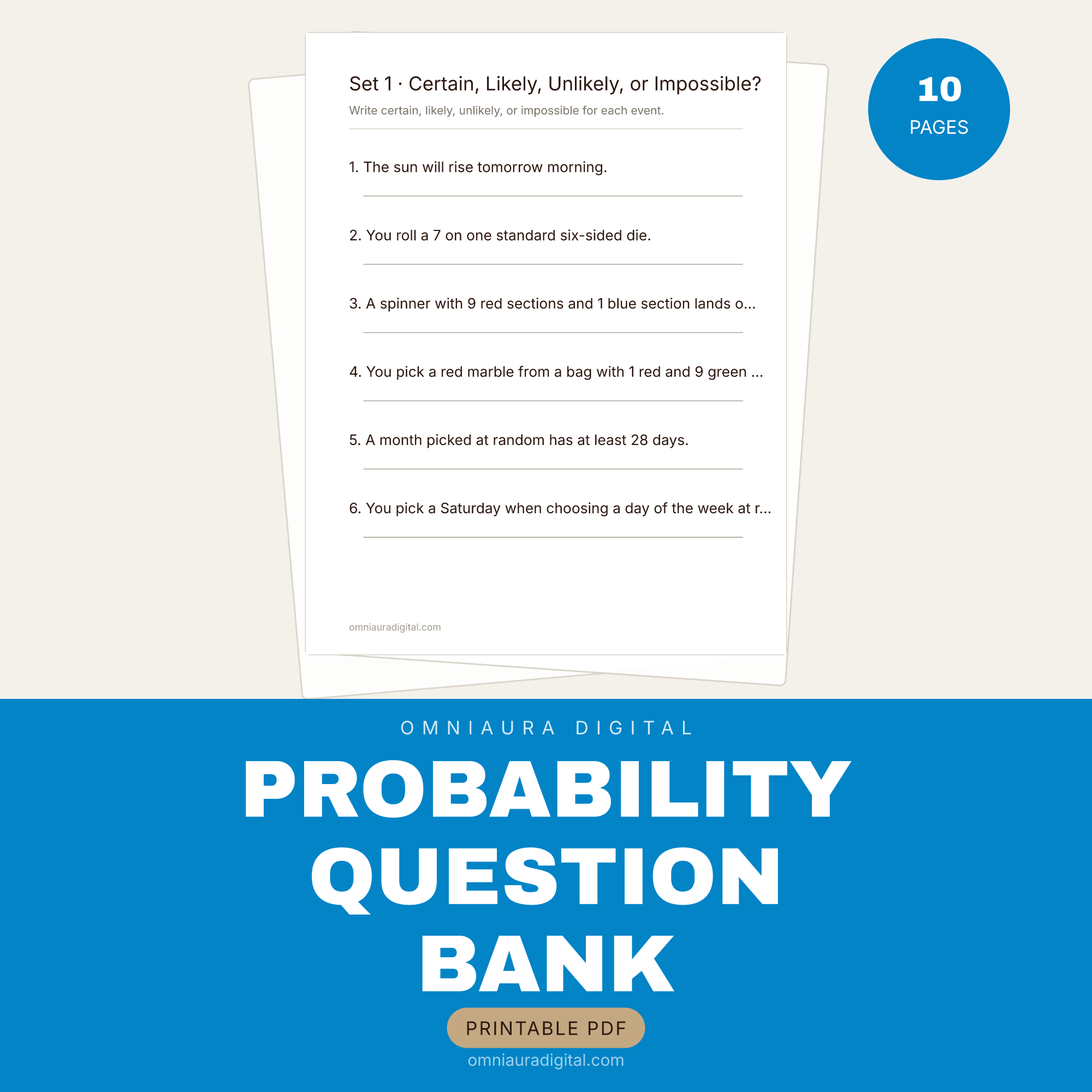 Probability Question Bank — 60 Practice Questions (Grades 4-6)