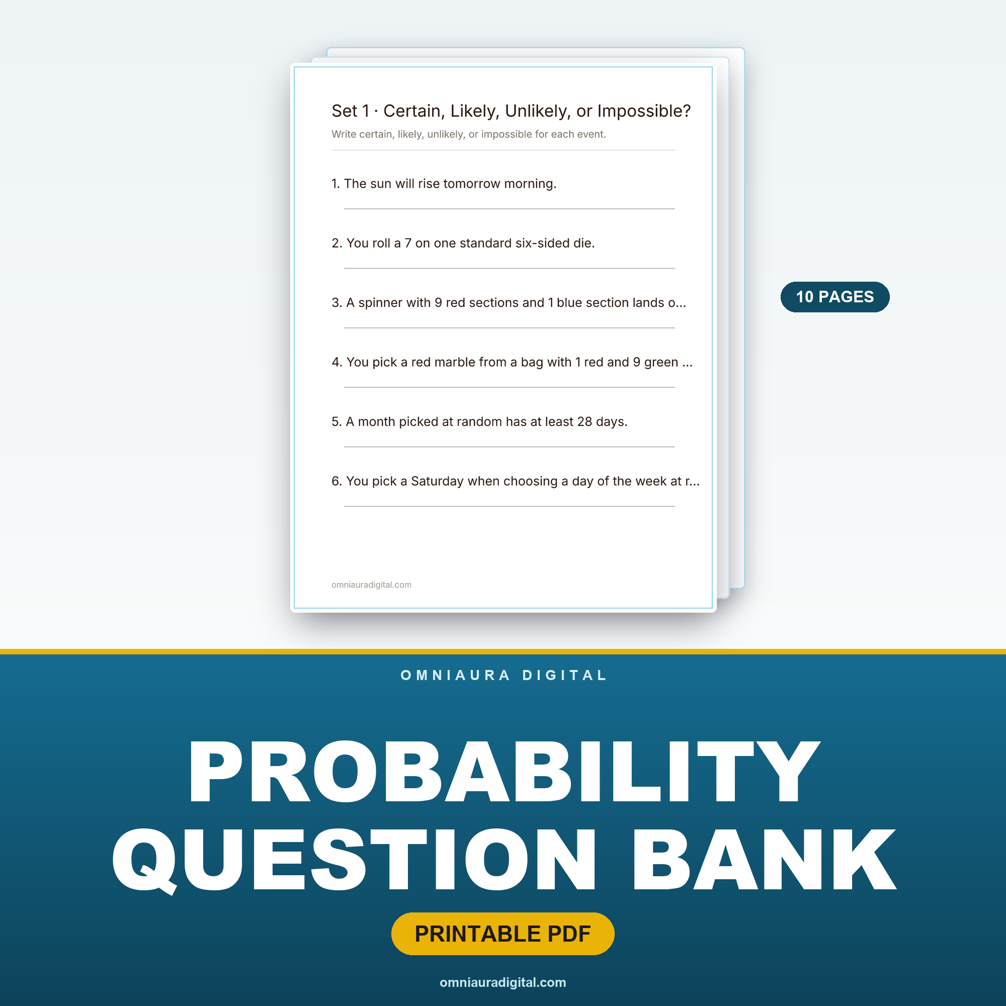 Probability Question Bank — 60 Practice Questions (Grades 4-6)