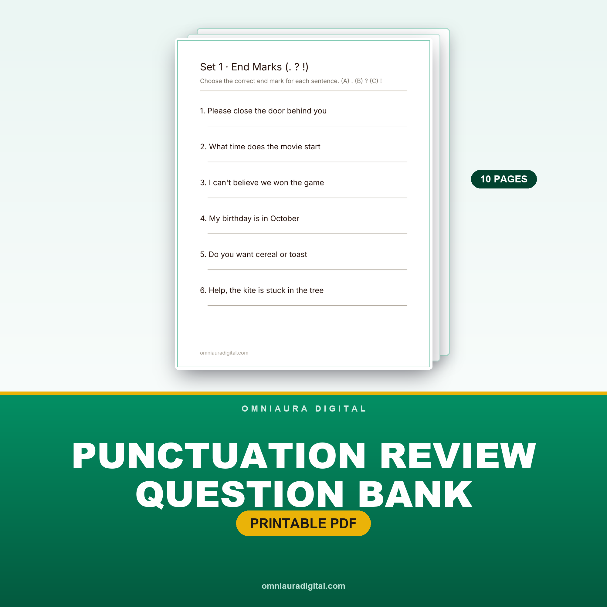 Punctuation Review Question Bank — 60 Questions (Grades 3-5)