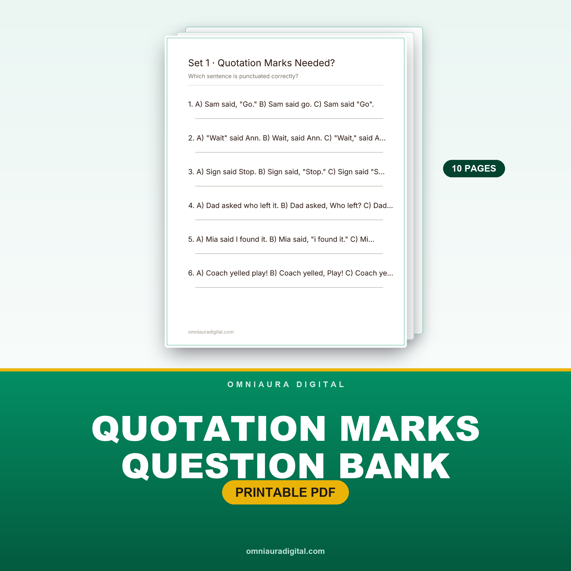 Quotation Marks Question Bank — 60 Questions (Grades 3-5)