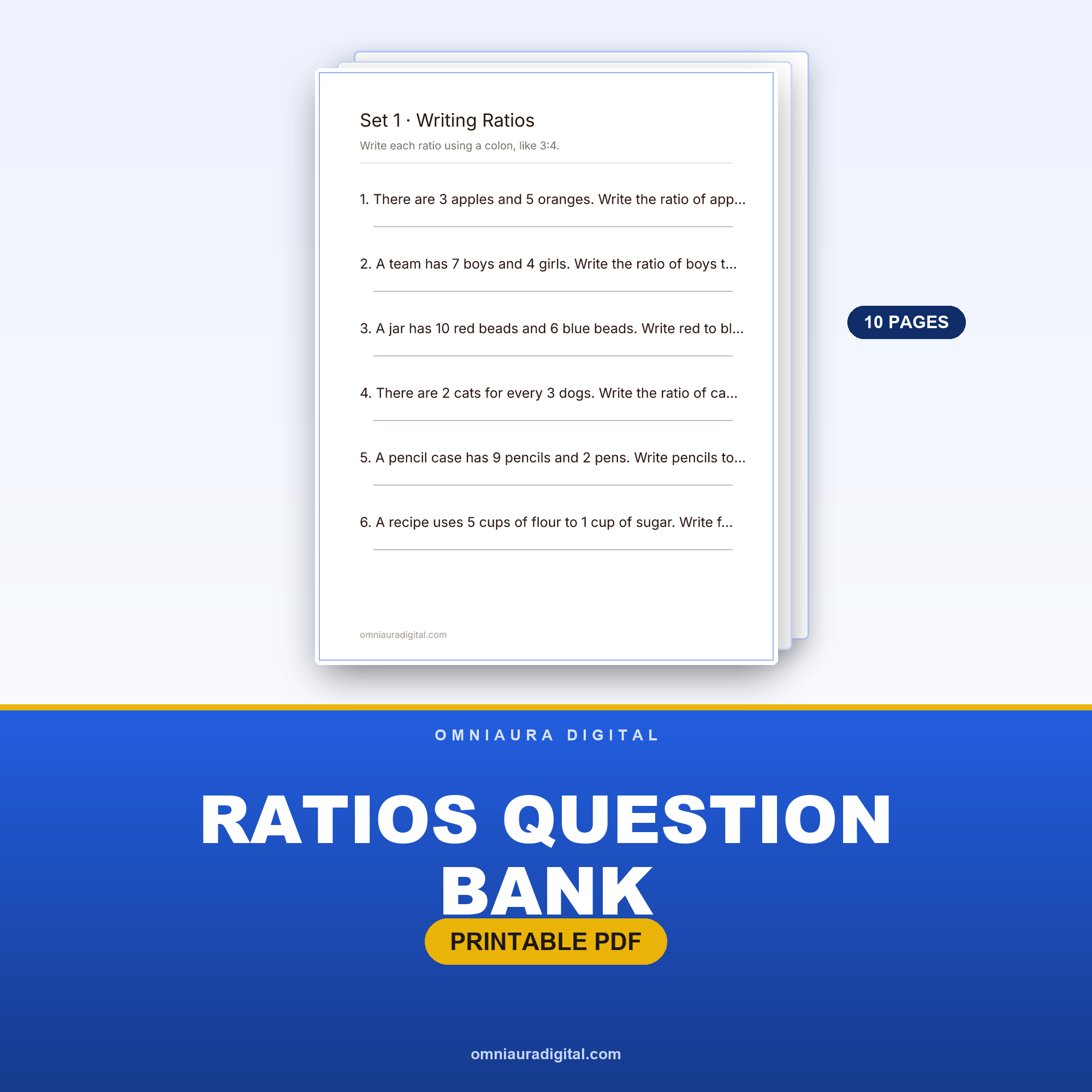Ratios Question Bank — 60 Practice Questions (Grades 5-7)