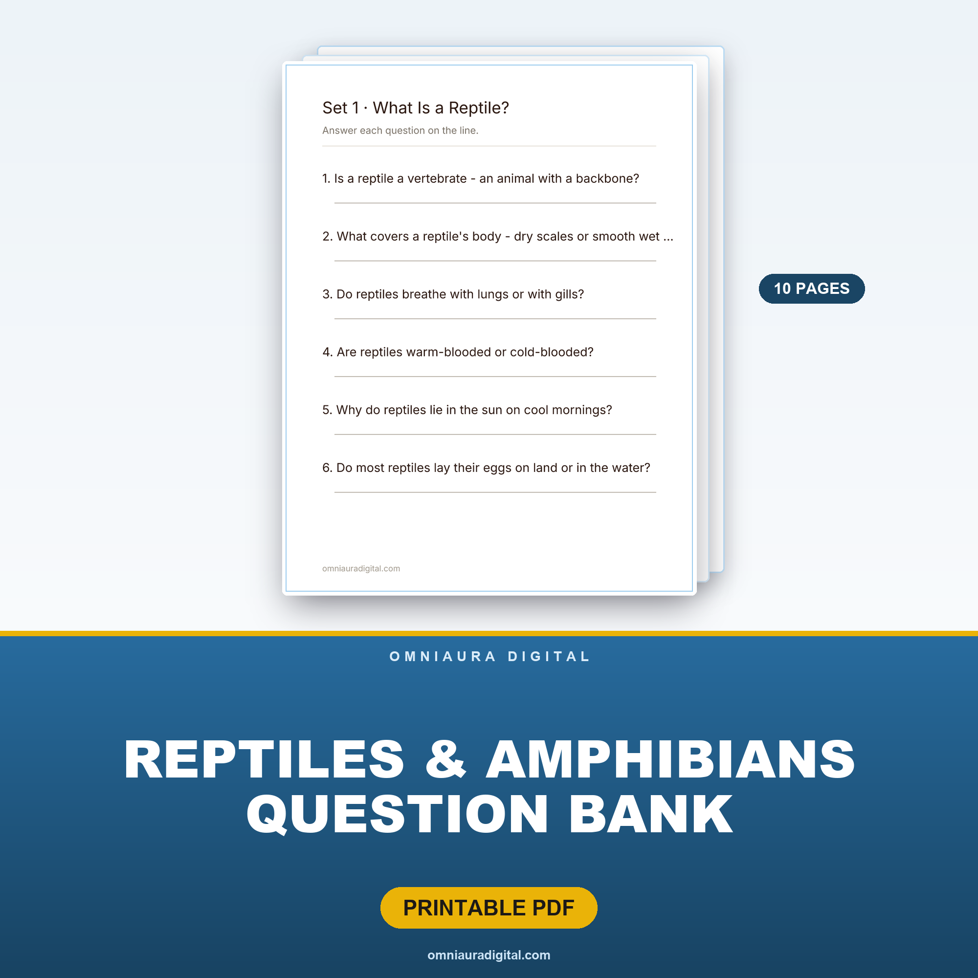 Reptiles & Amphibians Question Bank — 60 Practice Questions (Grades 2-5)