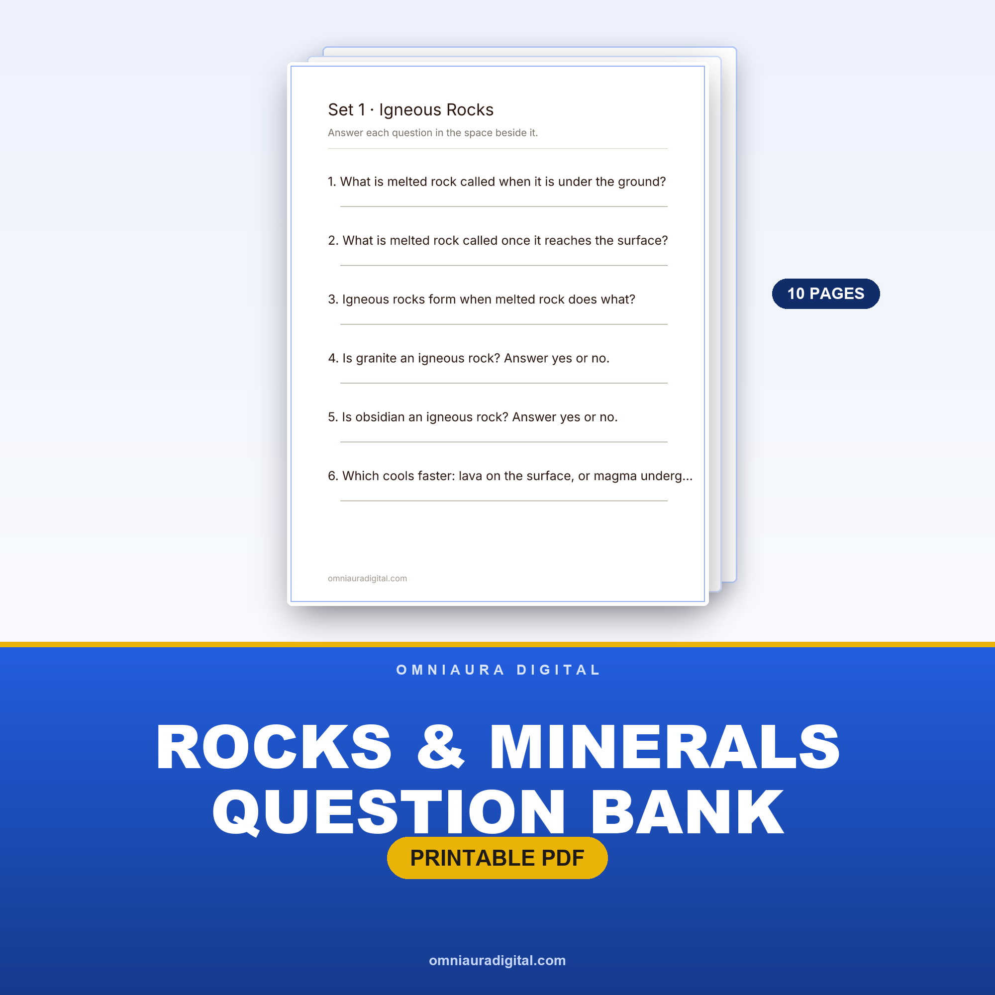 Rocks & Minerals Question Bank — 60 Practice Questions (Grades 3-6)