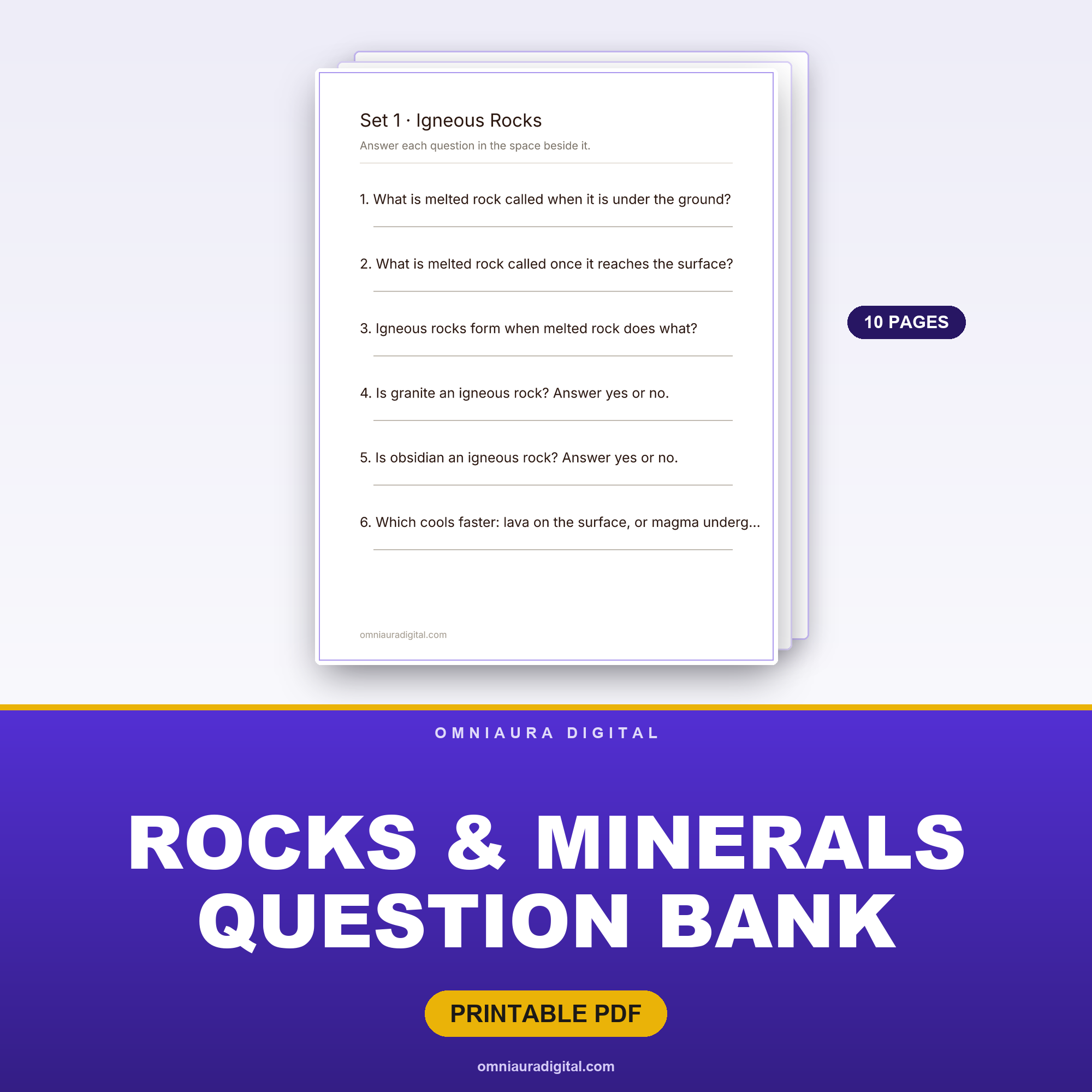 Rocks & Minerals Question Bank — 60 Practice Questions (Grades 3-6)