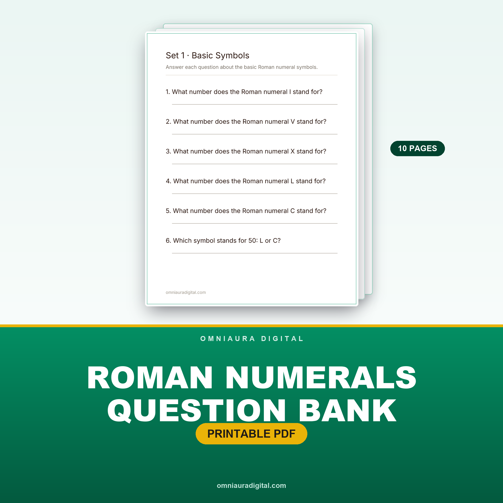 Roman Numerals Question Bank — 60 Questions (Grades 3-5)