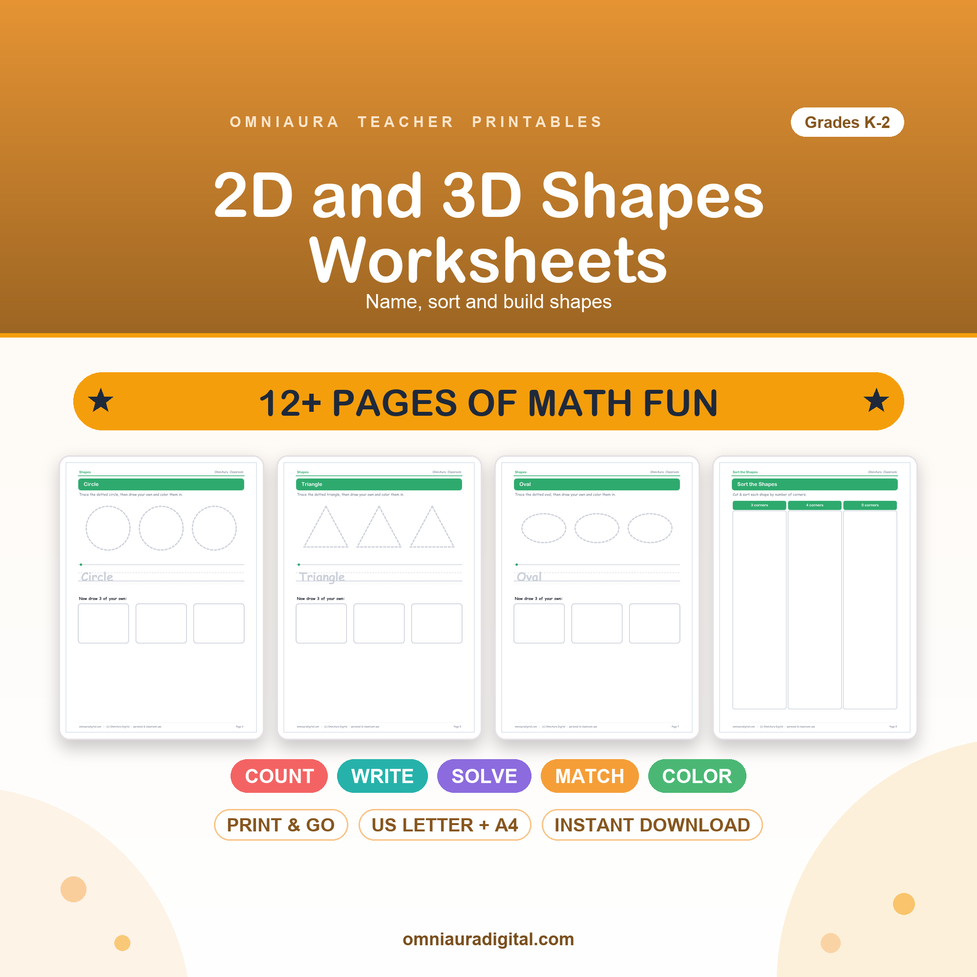 2D and 3D Shapes Worksheets — Name, Sort & Build (K-2)