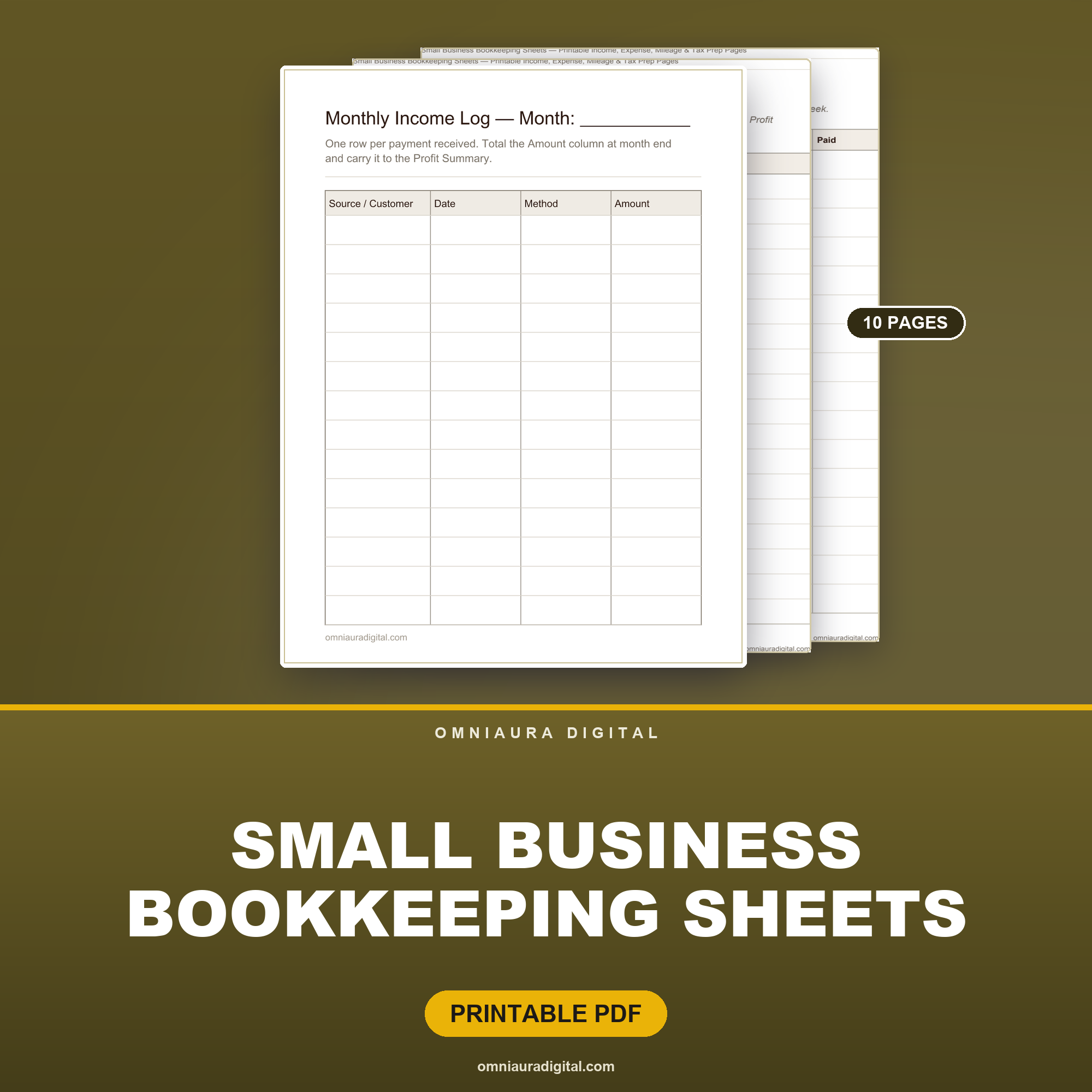 Small Business Bookkeeping Sheets — Printable Income, Expense, Mileage & Tax Prep Pages
