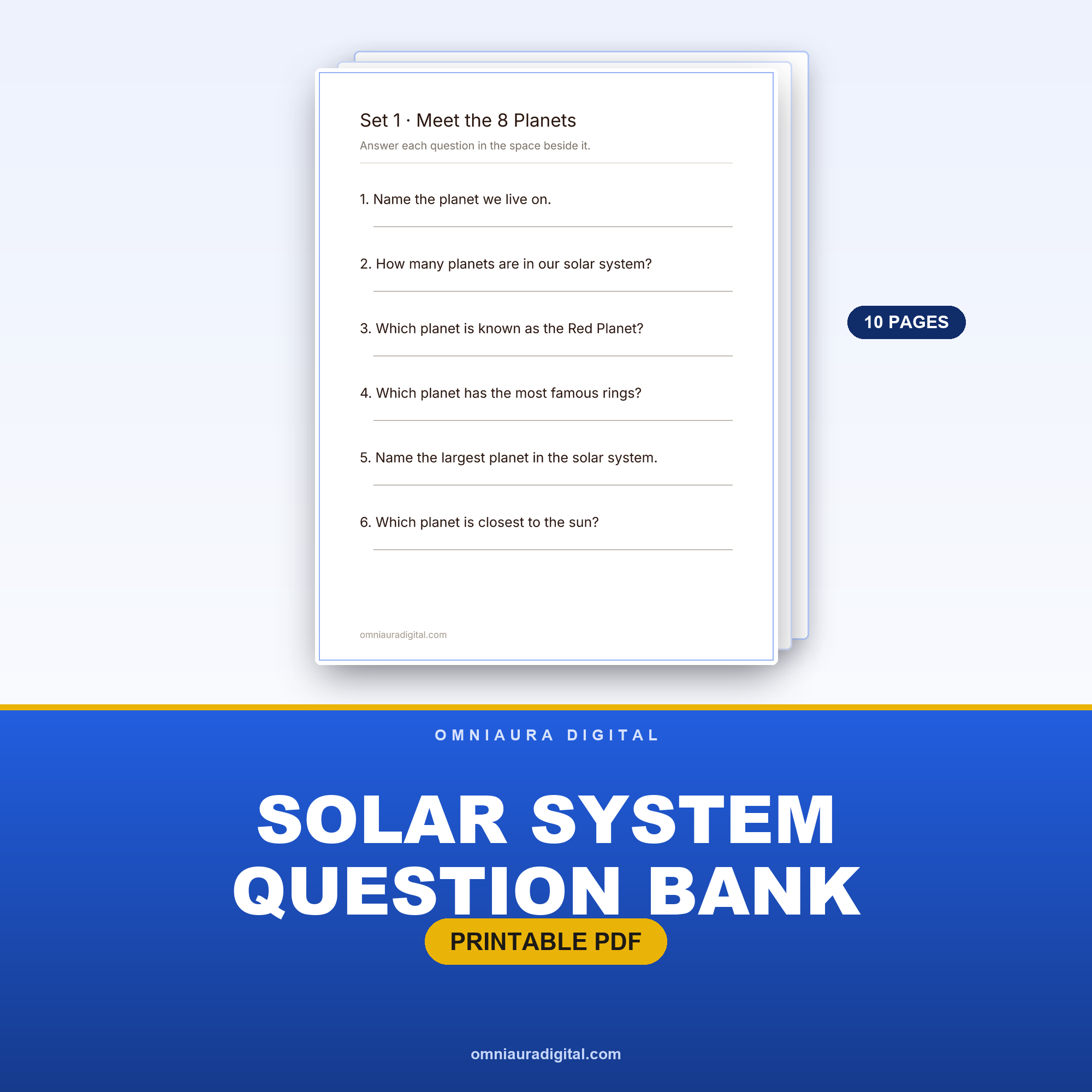 Solar System Question Bank — 60 Practice Questions (Grades 2-5)