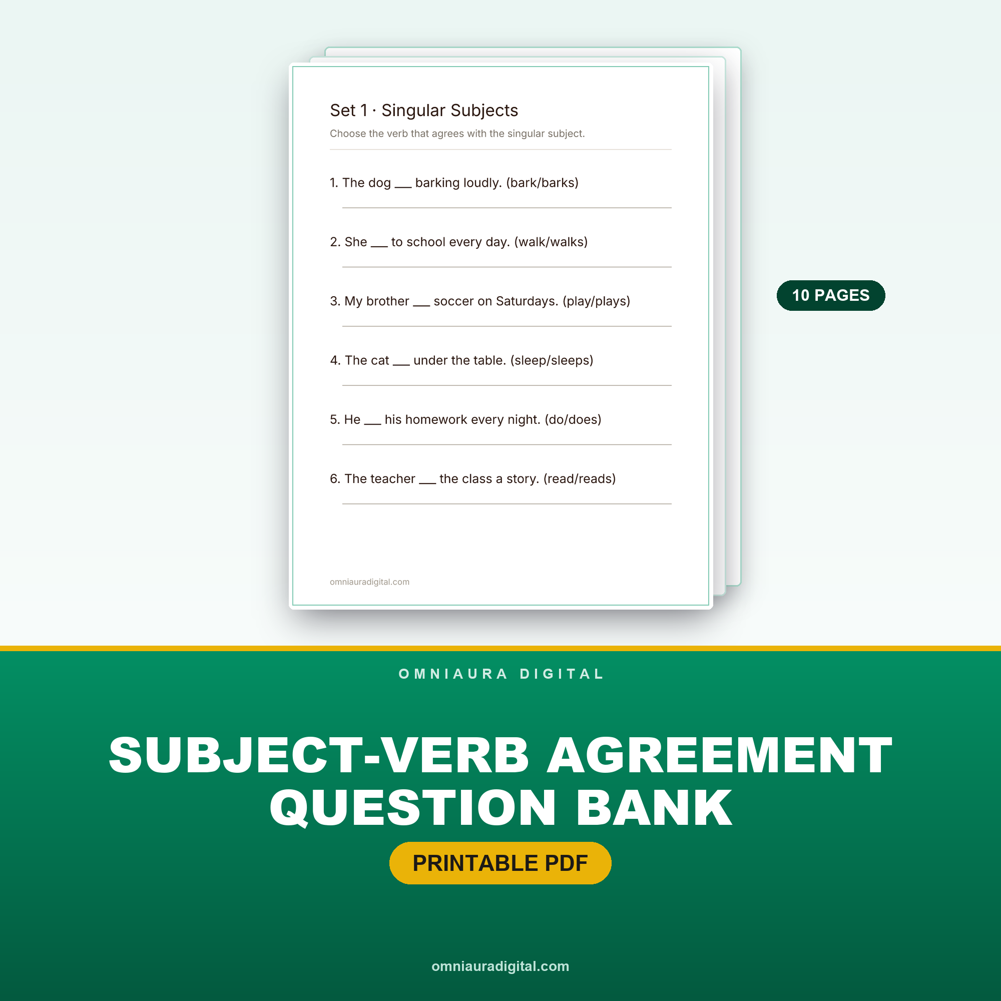 Subject-Verb Agreement Question Bank — 60 Questions (Grades 3-5)