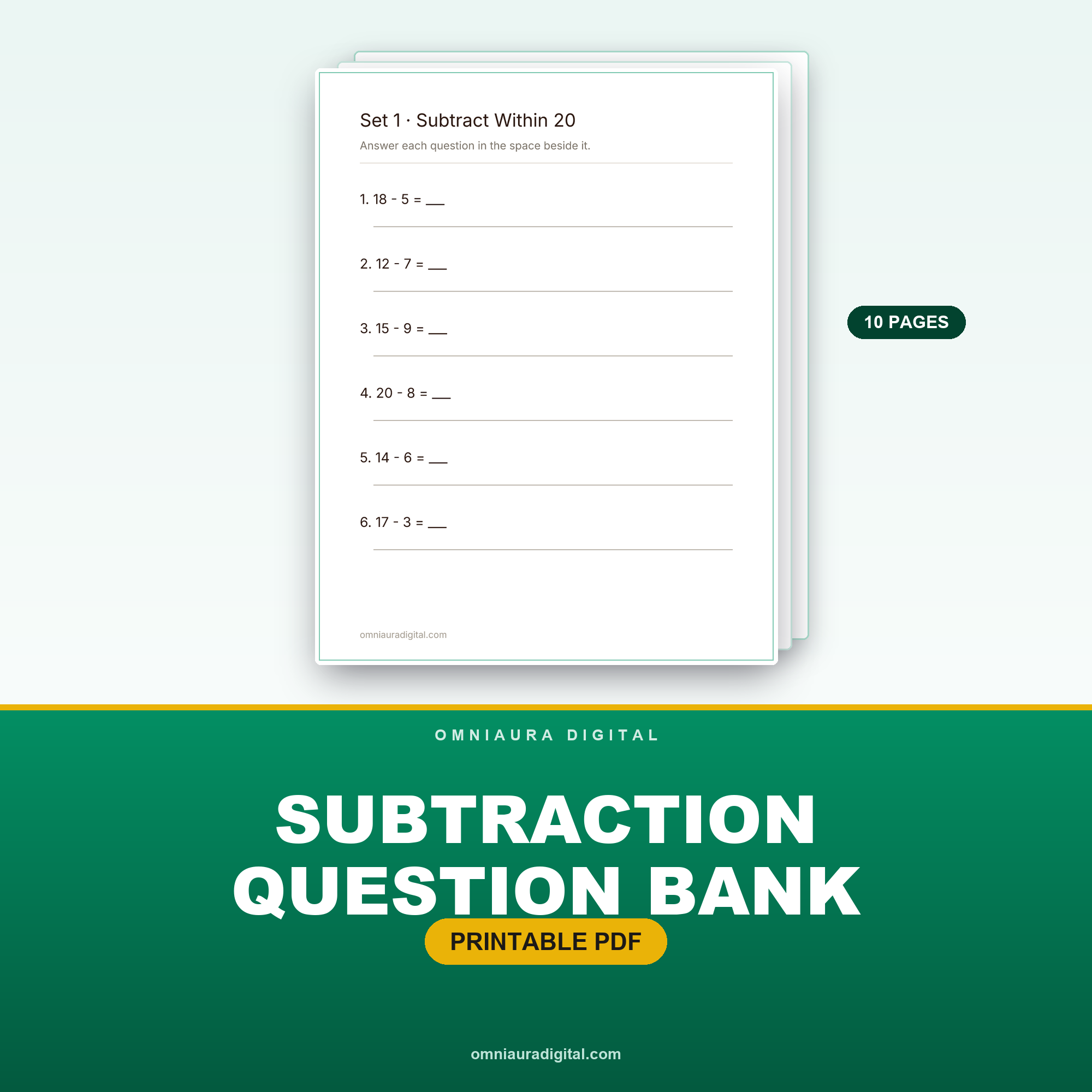 Subtraction Question Bank — 60 Questions (Grades 1-3)