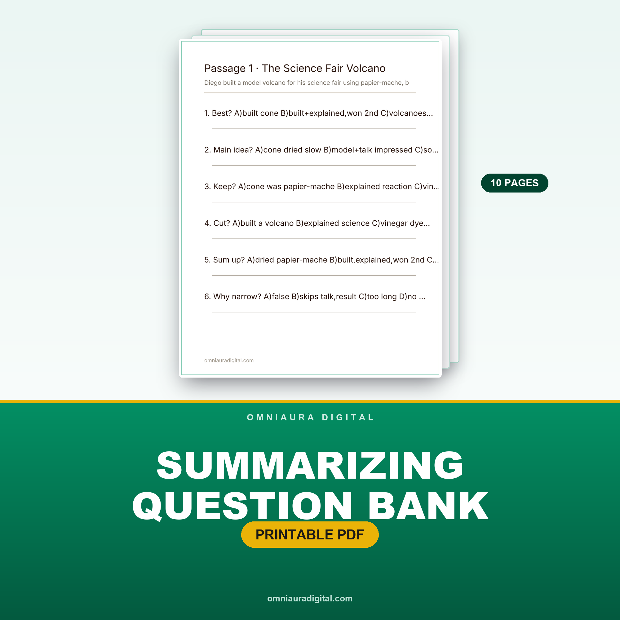 Summarizing Question Bank — Grades 3-5, 8 Passages, 48 Questions