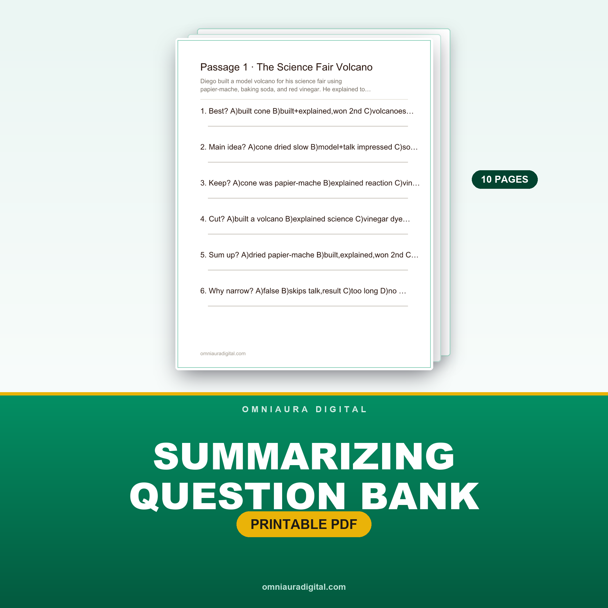 Summarizing Question Bank — Grades 3-5, 8 Passages, 48 Questions