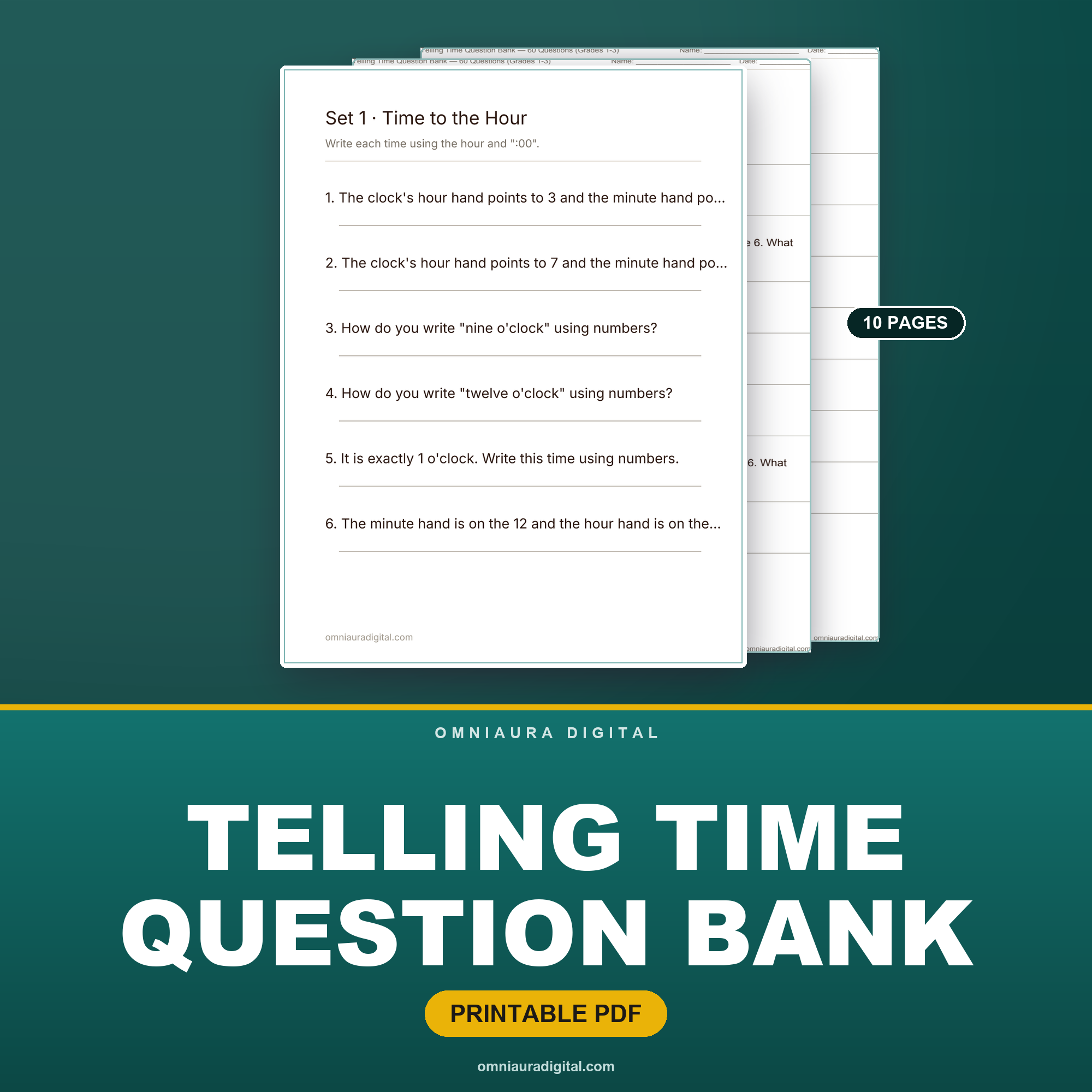 Telling Time Question Bank — 60 Questions (Grades 1-3)