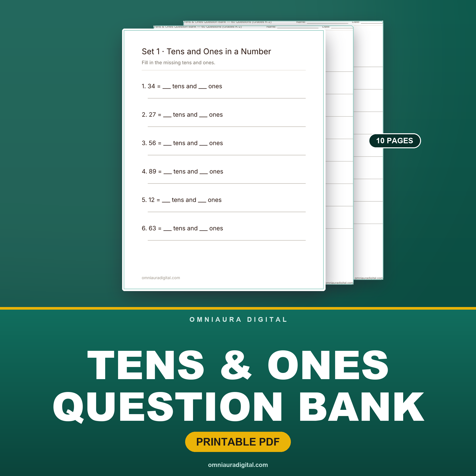 Tens & Ones Question Bank — 60 Questions (Grades K-2)