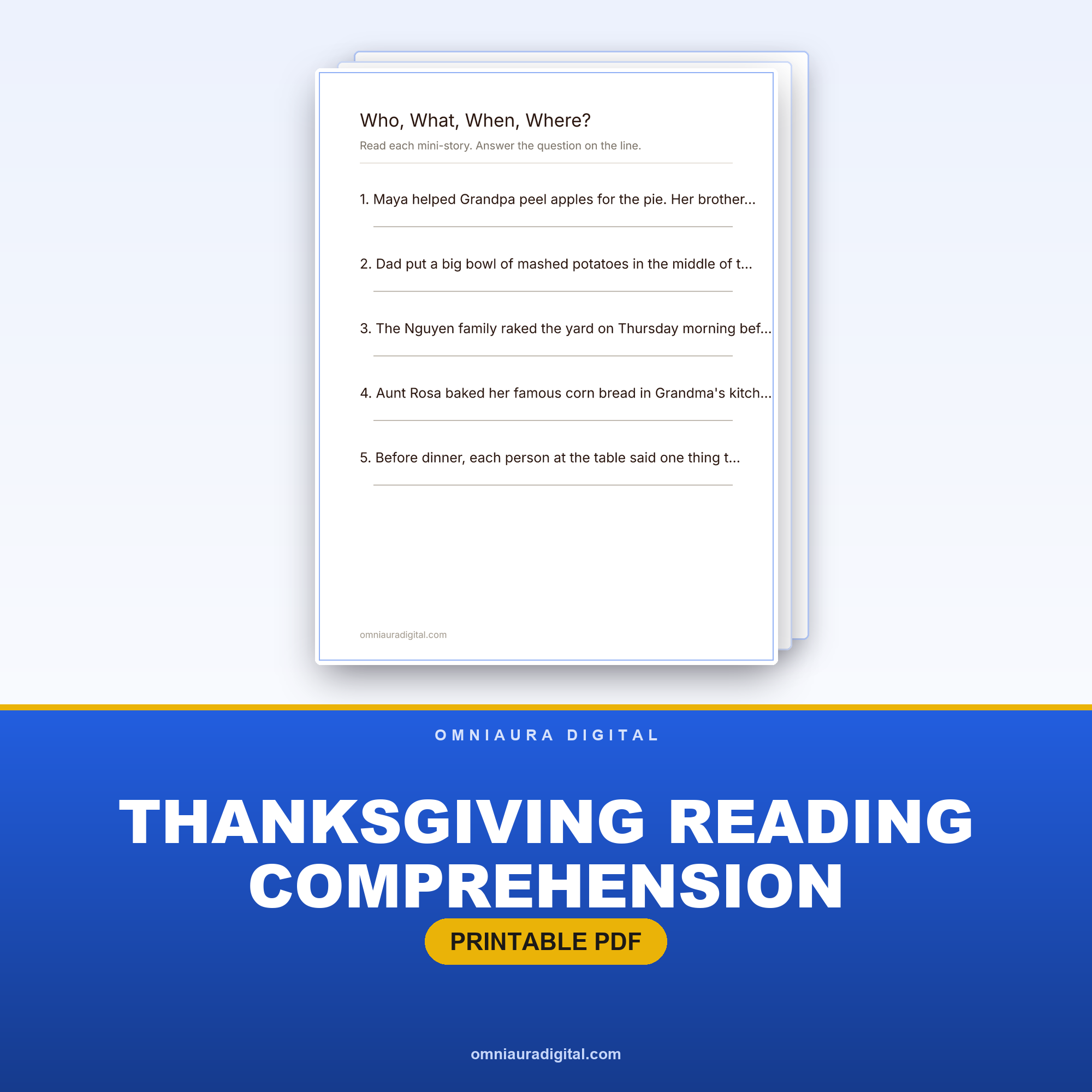 Thanksgiving Reading Comprehension — 20 Mini-Stories (Grades 1-3)