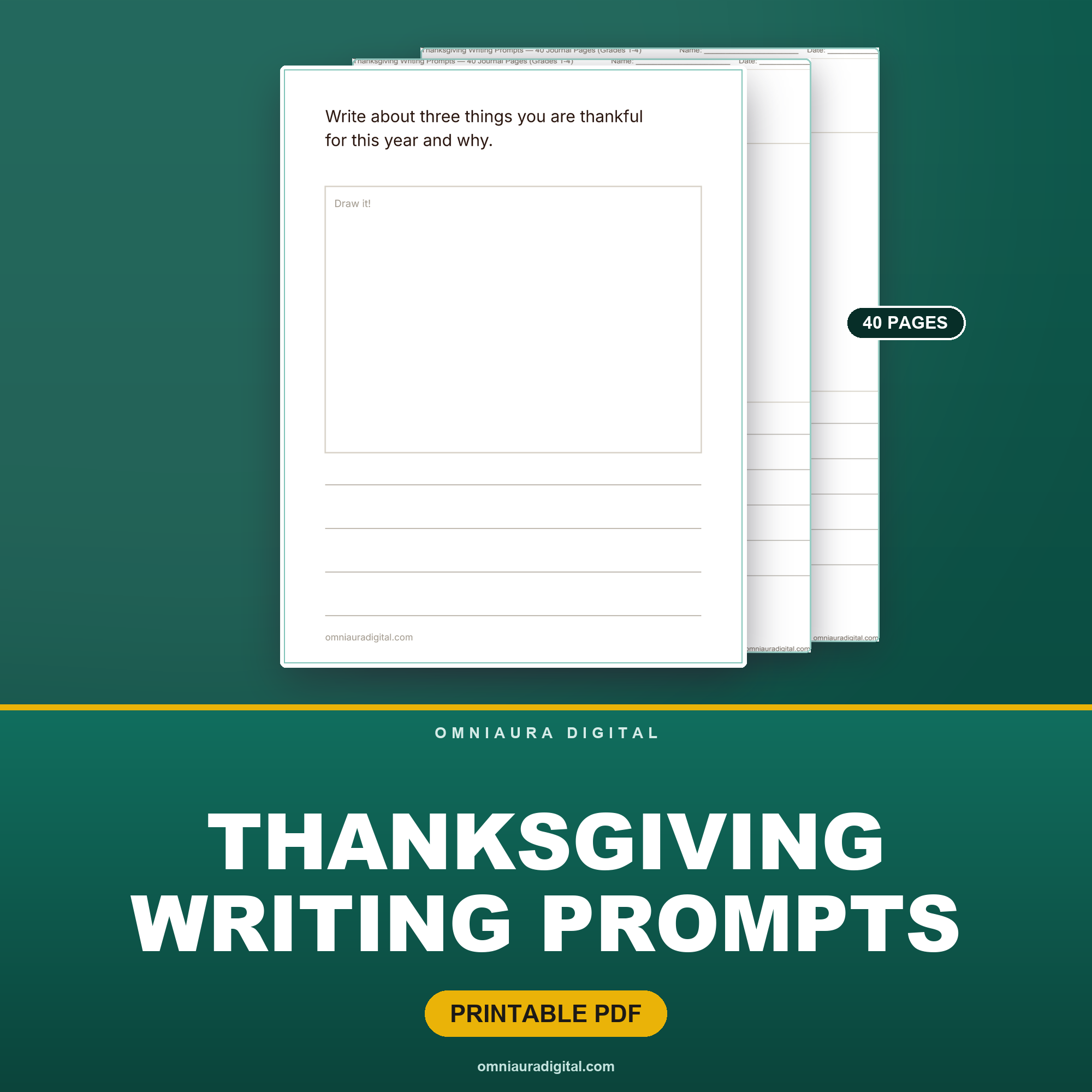 Thanksgiving Writing Prompts — 40 Journal Pages (Grades 1-4)