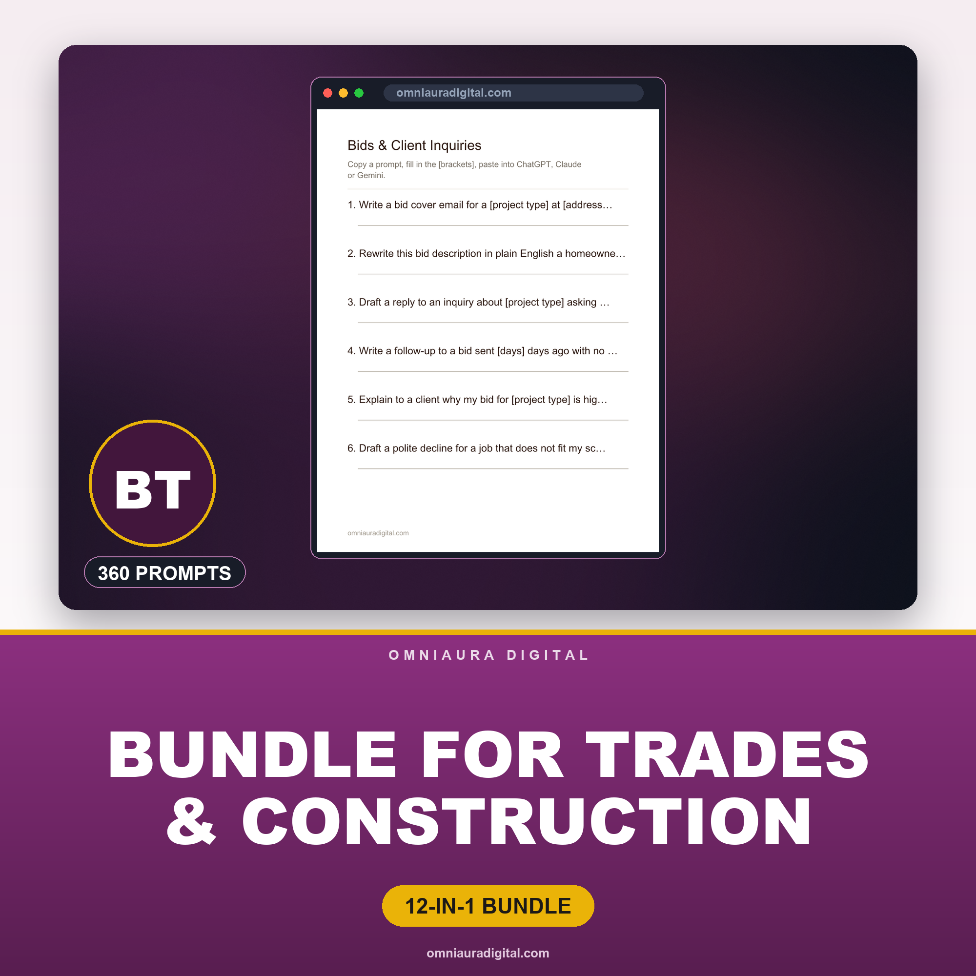 AI Prompt Pack Bundle for Trades & Construction — 12 Packs, 360 Prompts