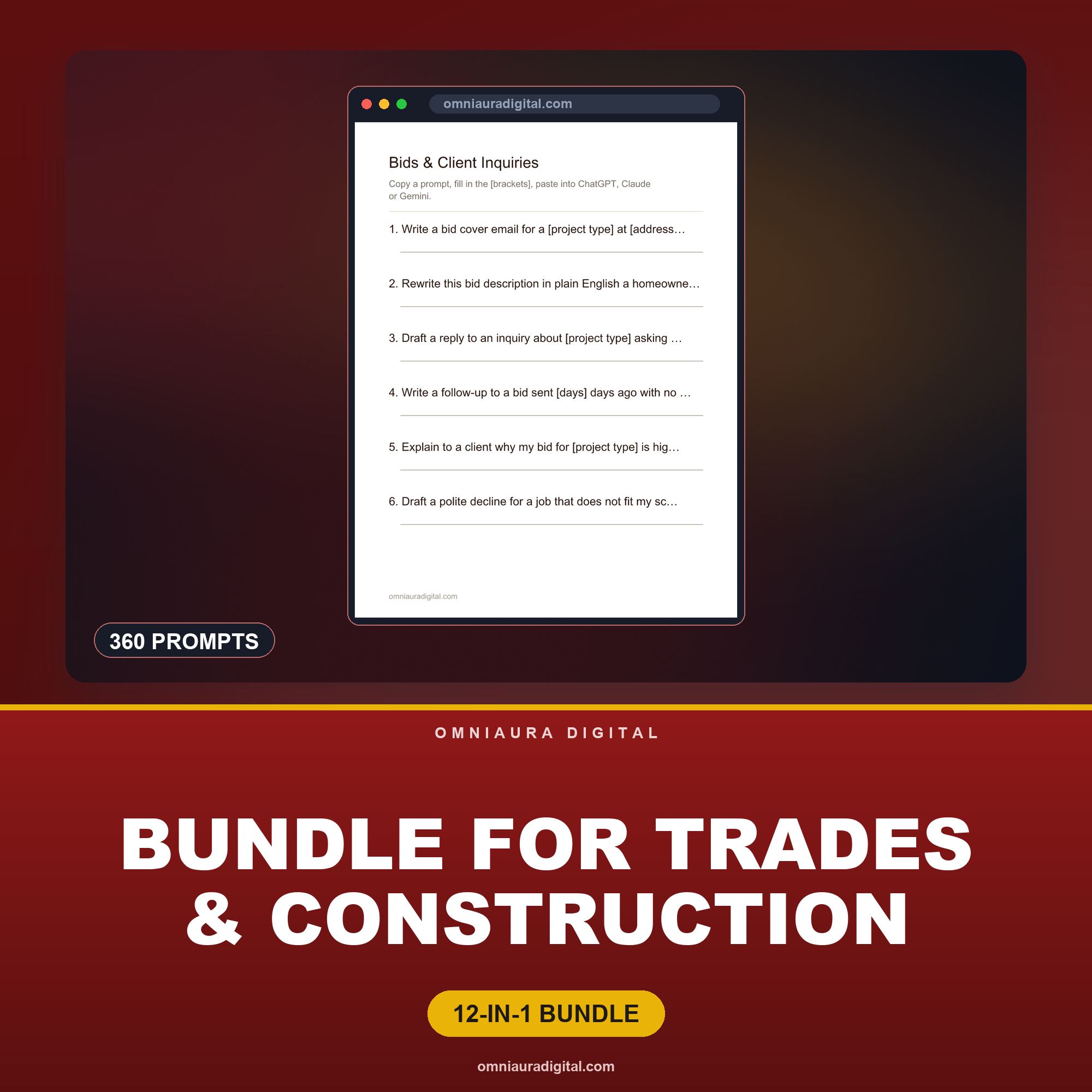 AI Prompt Pack Bundle for Trades & Construction — 12 Packs, 360 Prompts