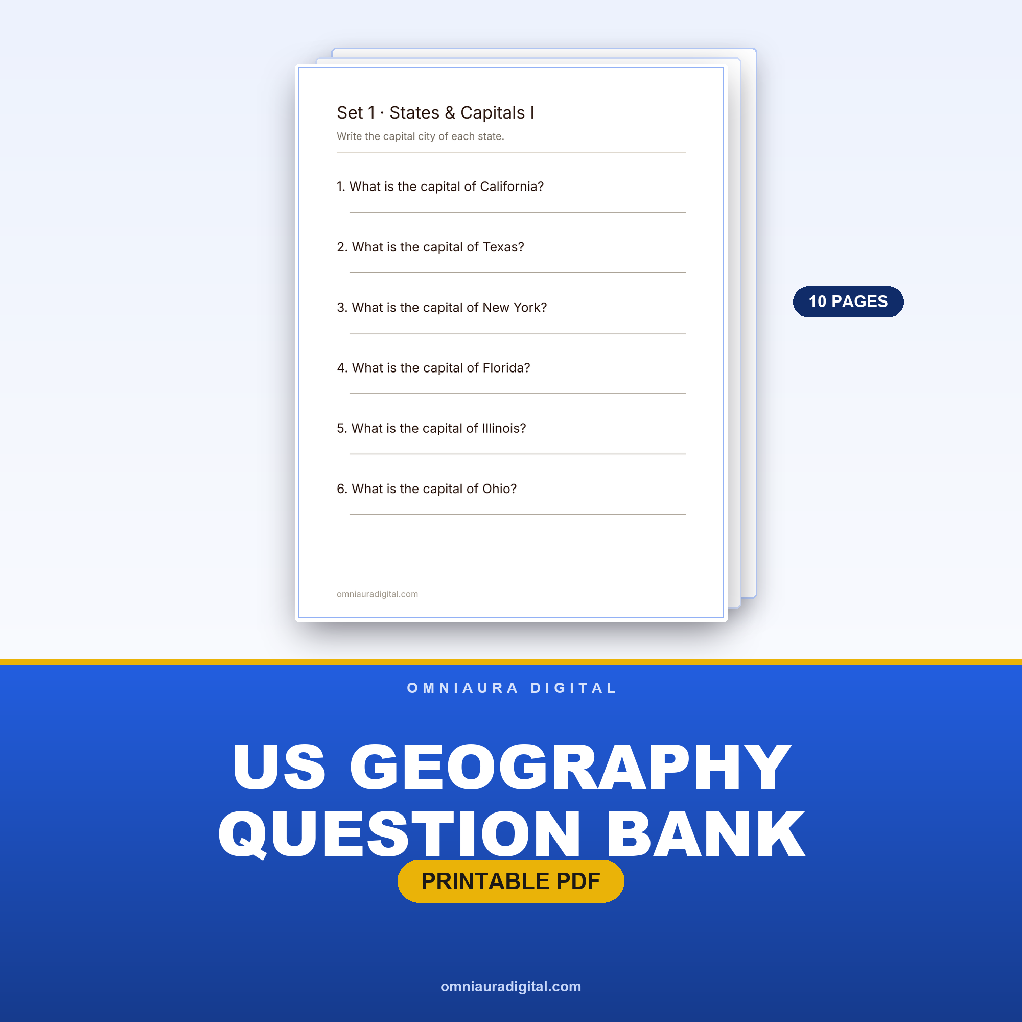 US Geography Question Bank — 60 Questions (Grades 3-6)