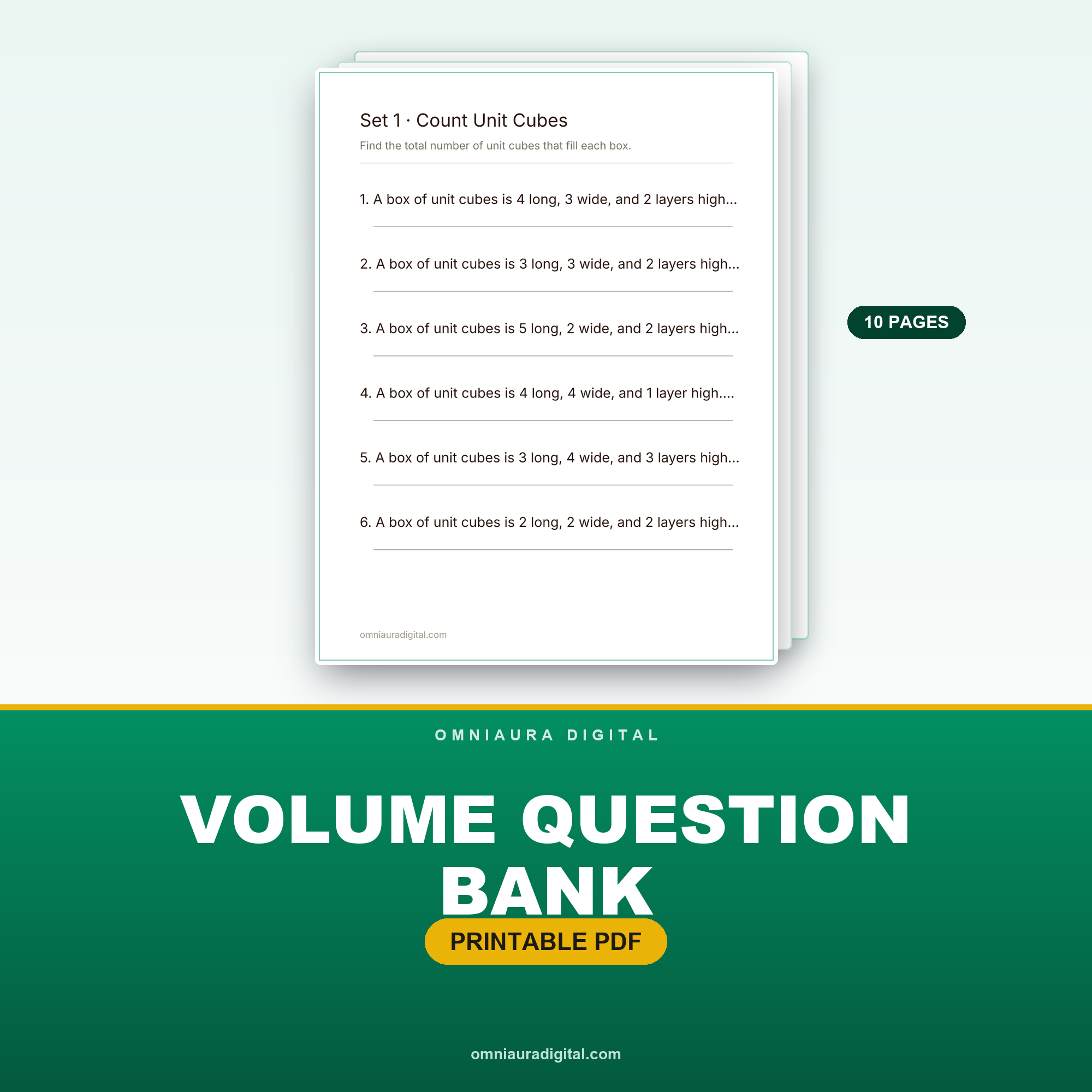 Volume Question Bank — 60 Practice Questions (Grades 4-6)