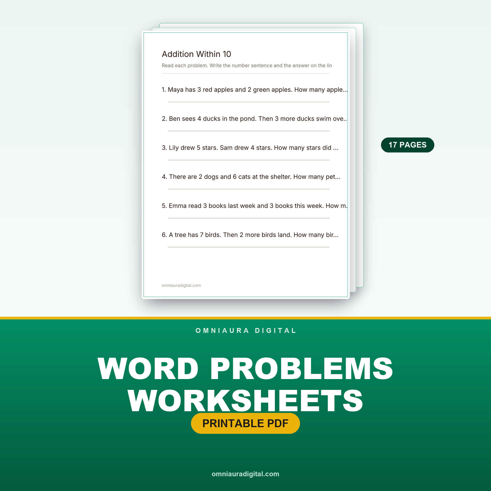 Word Problems Worksheets — Addition & Subtraction K-2