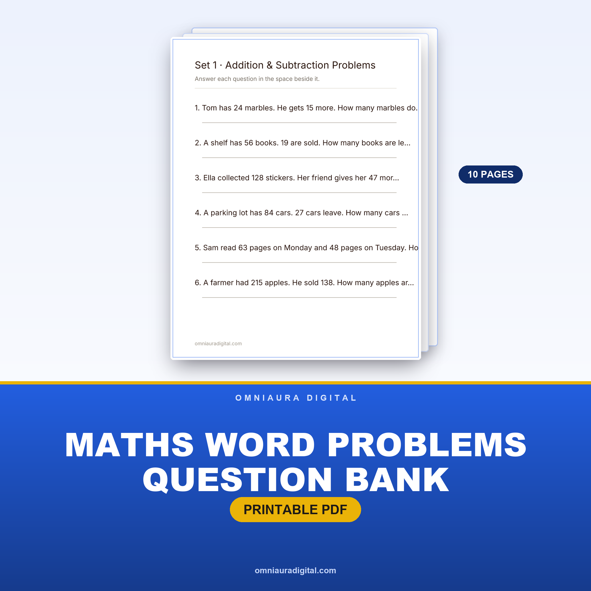 Maths Word Problems Question Bank — 60 Problems (Grades 3-5)